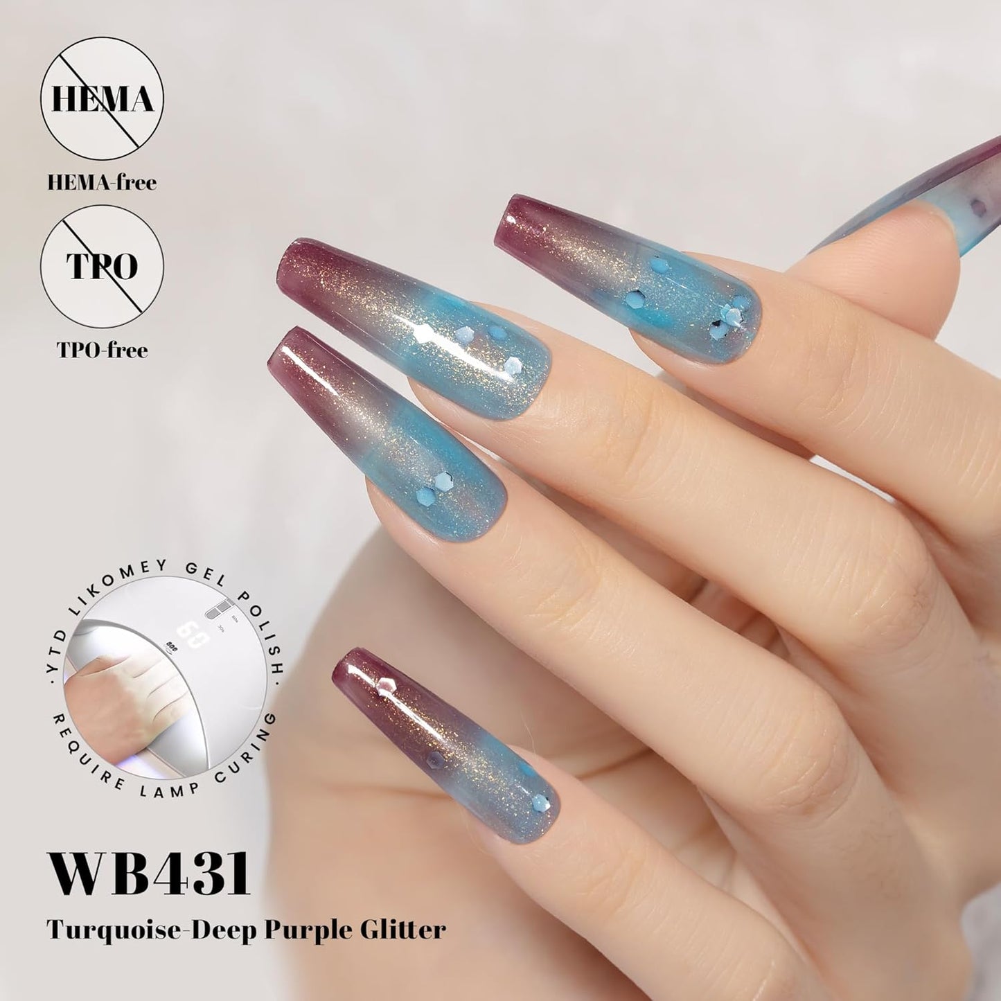 YTD Likomey Color Changing Gel Nail Polish,HEMA Free TPO Free,15ml Turquoise to Deep Purple Shimmer Glitter Mood Temperature Change Colors,Thermal Ombre Manicure Varnish,WB431