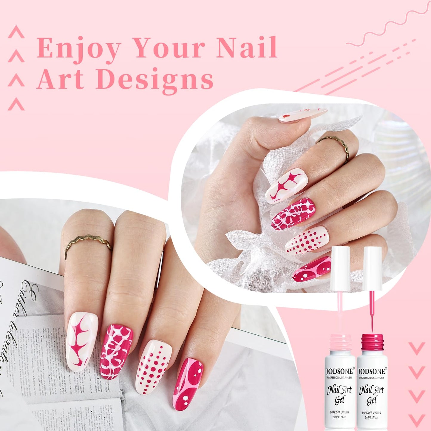 JODSONE Nail Art Gel Liner Set 10 Colors Pink Collection Gel Nail polish Need U V Lamp Cured at Home Salon Design Gift for Girls