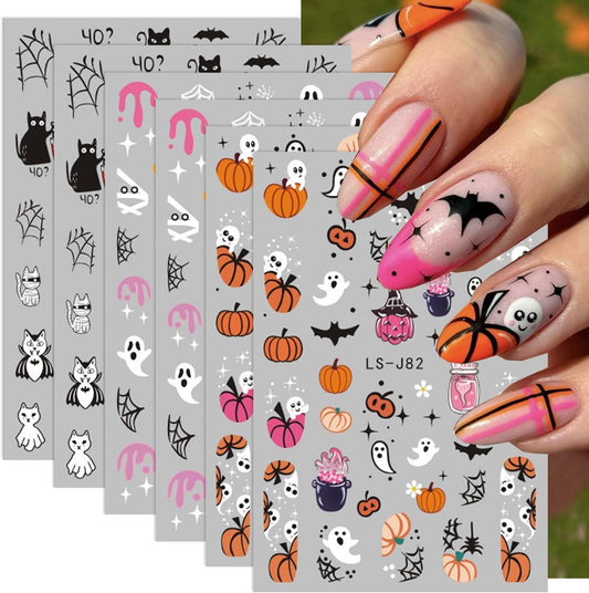 Halloween Nail Sticker Pumpkin Nail Decals Ghost Nail Art Stickers Bat Cat Spider Web Star Orange Pink Design Spooky Nail Stickers for Nail Art Holiday DIY Manicure Supplies for Women 6 Sheets