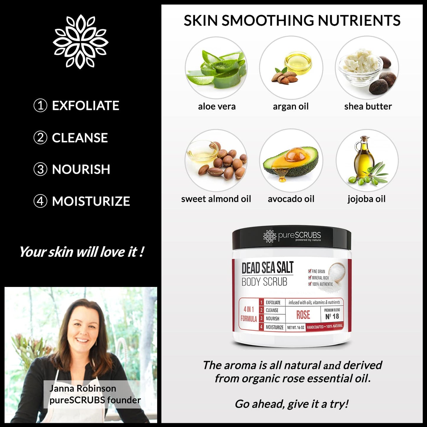 pureSCRUBS Premium Rose Body Scrub Set - Large 16oz Dead Sea Salt Body Scrub With Infused Essential Oils & Nutrients, Includes Wooden Spoon, Loofah & Oatmeal Exfoliating Bar Soap