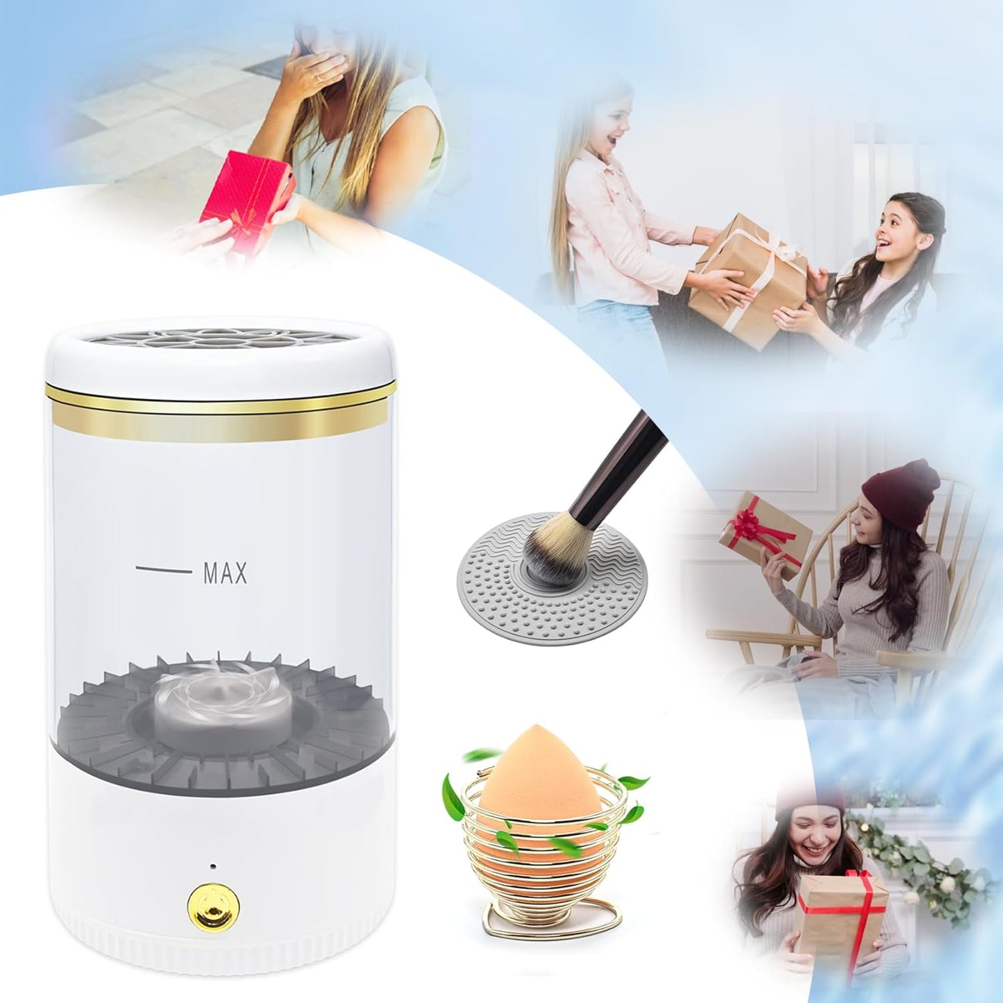 Makeup Brush Cleaner,Low noise and 8000 RPM Electric Makeup Brush Cleaner Machine for Deep Cleaning,Automatic Spinning Cosmetic Brush Cleaner for All Size Makeup Brushes and Sponges(White)