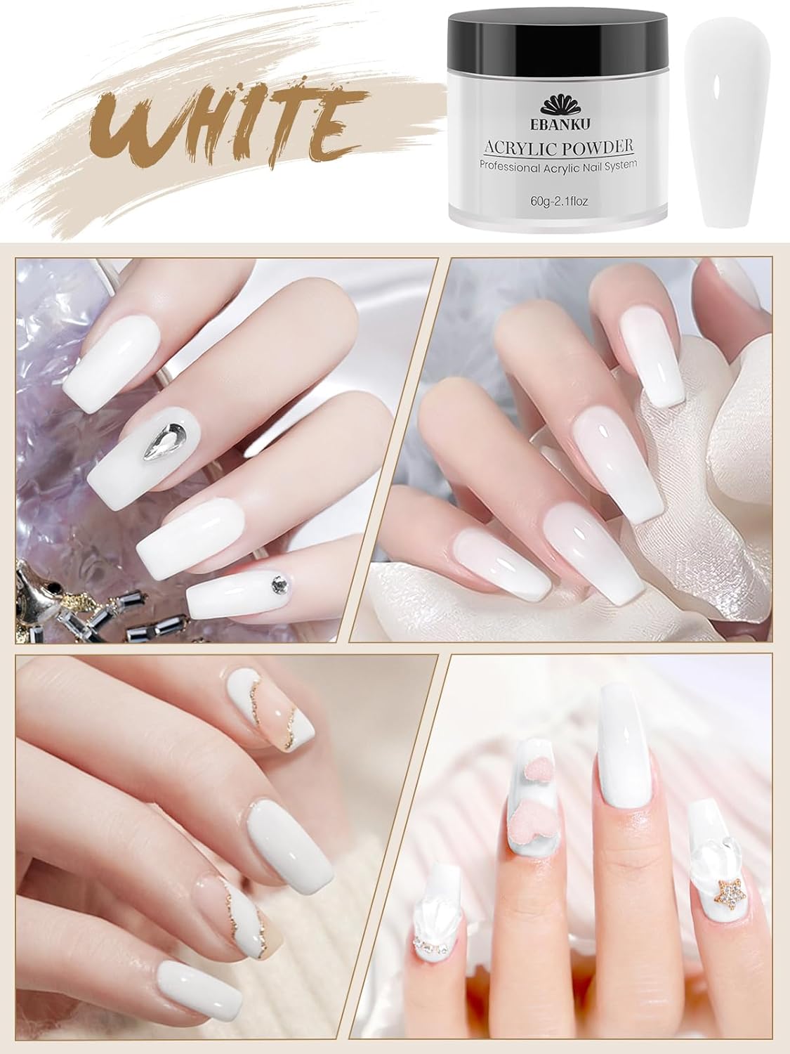 EBANKU 2 Colors Acrylic Nail Powder Set, White Clear Acrylic Powder Professional Nail Acrylic Powder for Nail Acrylic Extension, Nail Carving, Long-Lasting, No Nail Lamp Needed, 2.1 oz