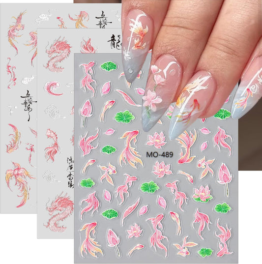 Koi Fish Nail Stickers Chinese Style Hand Drawn Loong Phoenix Nail Art Stickers 5D Embossed Nails Decals Pink Cute Dragon Nails Design Sticker Spring Summer Manicure Supplies for Women DIY 3Sheets