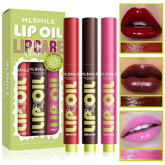 3 Colors Fat Lip Oil Click Slick, Moisturizing and Long-lasting Lip Balm, Non-stick and High Pigment Lip Glow Oil, Lightweight Lip Plumper with Coconut Oil (Set: C)