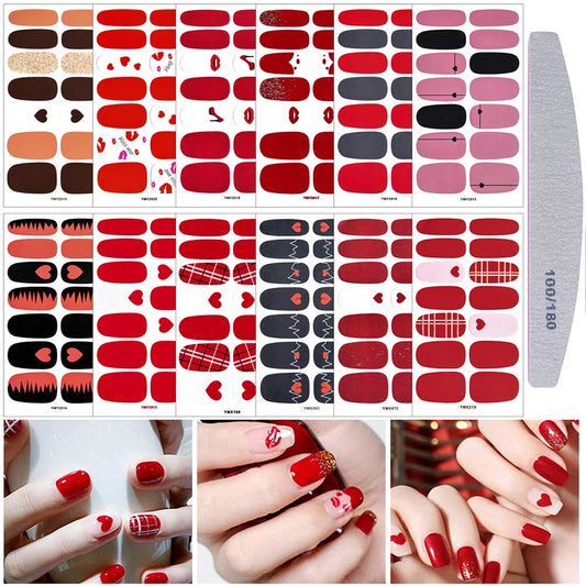 EBANKU 12 Sheets Valentine's Day Nail Wraps Red Heart Strips Valentine Lips Polish Stickers Decals Full Wraps for Women Girls Self-Adhesive With Nail Files