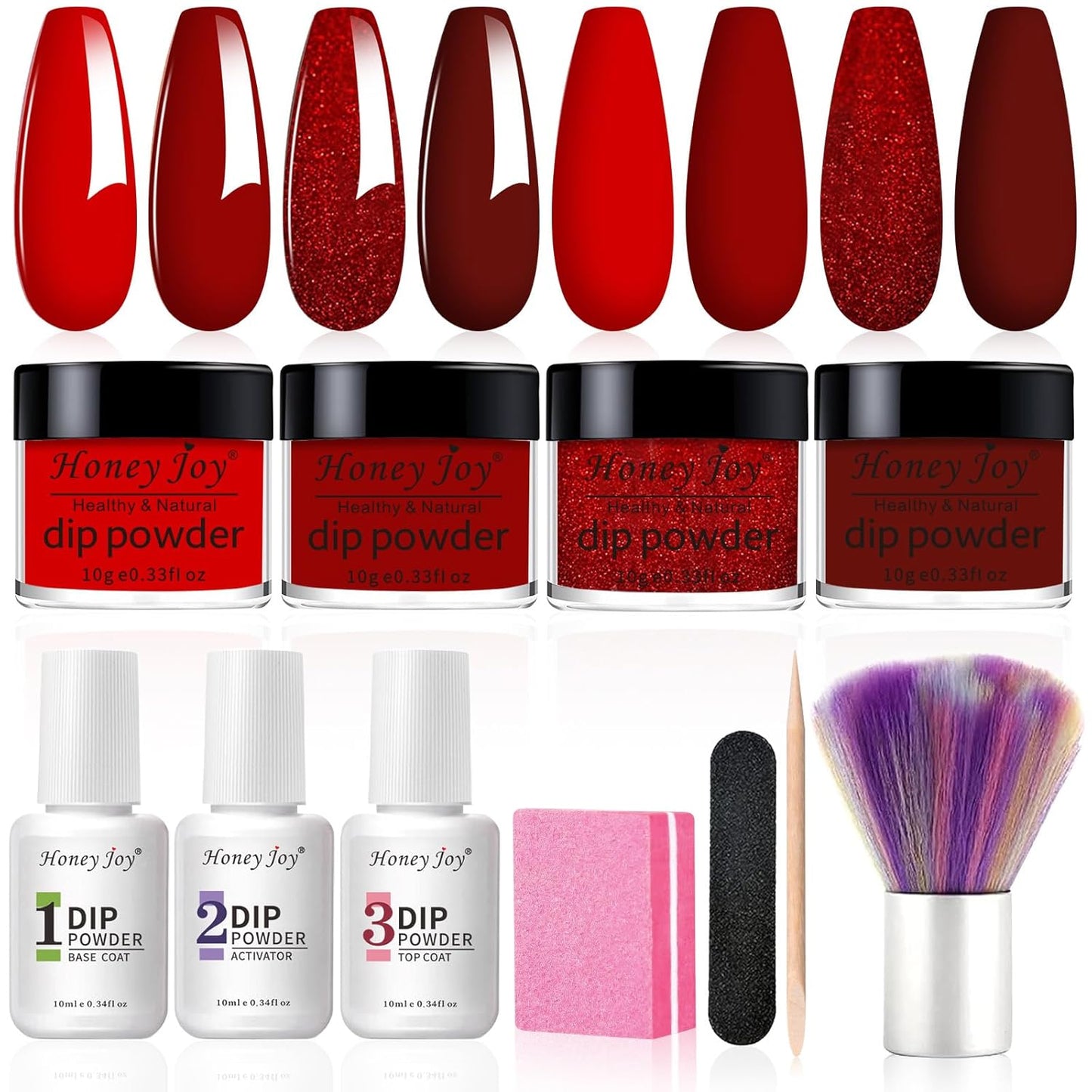 Honey Joy Dip Powder Nail Kit Starter,4 Colors Wine Red Glitter Dark Barn Red Dipping Powder Liquid Set with Base Top Coat for Nail Art Manicure Salon DIY No LED Nail Lamp Needed, Dip-7pcs-No.22