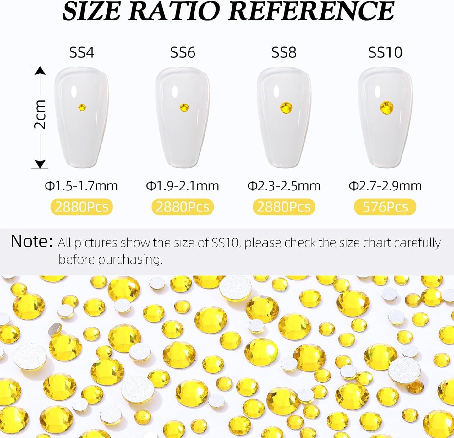 Yellow Flatback Rhinestones, Glass Rhinestones for Nail Art and Craft, Glue Fix, Loose Crystal Gemstones(Yellow, SS6, 2880pcs, 1.9-2.0mm)