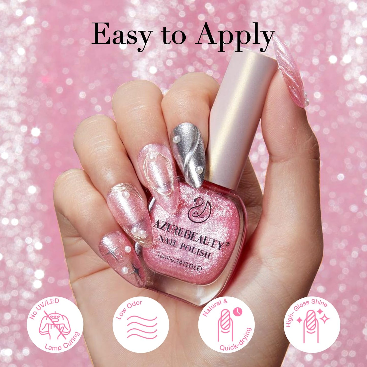 AZUREBEAUTY Glitter Pink Nail Polish no Gel Quick Dry Natural Shine Nail Lacquer Fingernail Polish Salon-Quality for Women 10ml