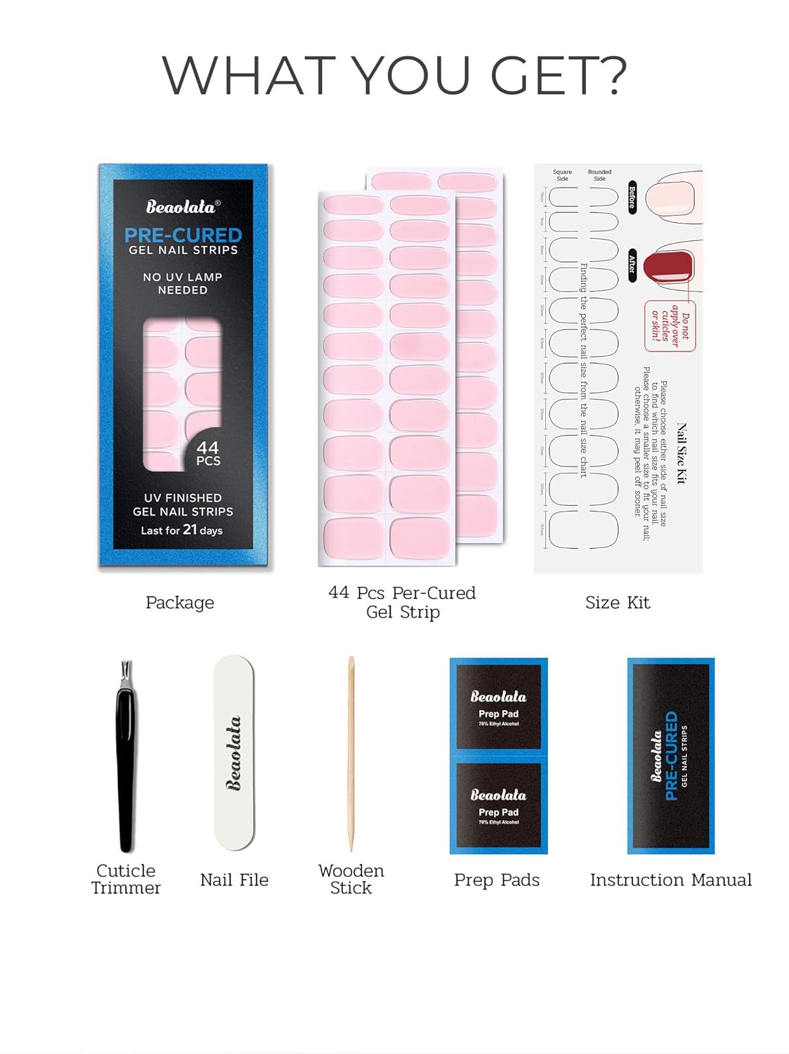 Pre Cured Gel Nail Strips - 44PCS Salon Quality Gel Nail Stickers - Long Lasting Polish Wraps for Women no UV Light Needed Easy Apply& Remove (Nordic Pink）