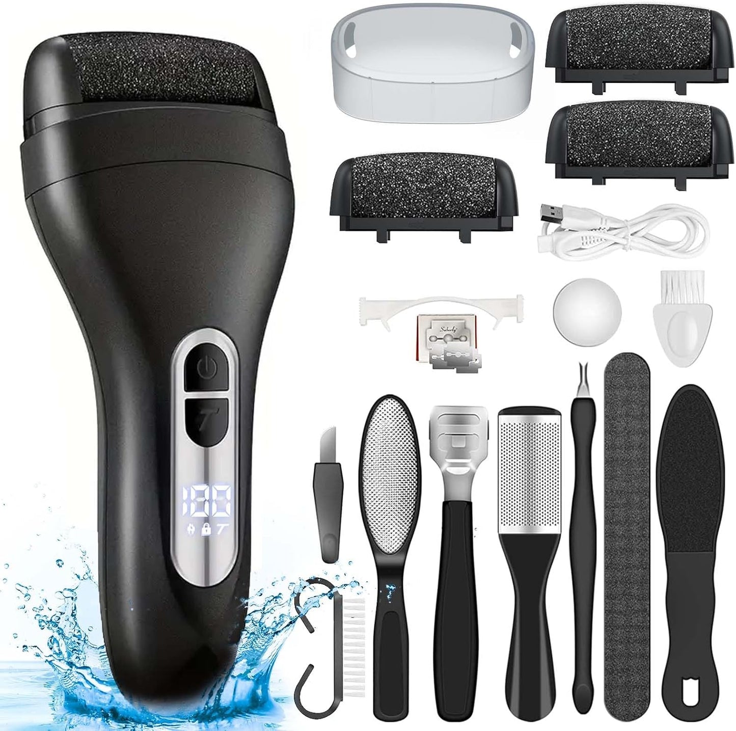Electric Callus Remover for Feet - with Larger Grinding Head, Portable Pedicure Kit Foot File Callus Remover, Rechargeable Waterproof Foot File for Foot Care Deadskin Remover LCD Display-Black