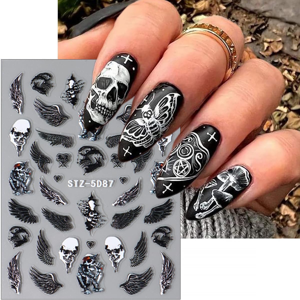 8 Sheets Halloween Nail Art Stickers Goth Ghost Nail Decals 3D Self-Adhesive Skeleton Skull Spider Nail Stickers 5D Black Wing Nail Supplies Halloween Nail Design Stickers for DIY French Manicure