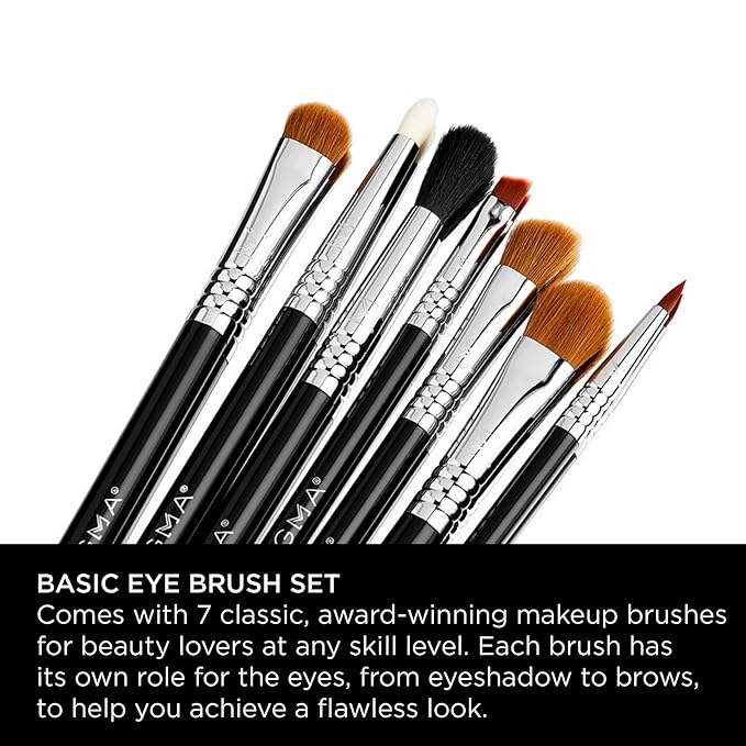 Sigma Beauty Basic Eye Makeup Brush Set – Classic Eye Makeup Brushes with Premium Fibers and Sleek, Durable Handles for Eyeliner, Eyeshadow, & Eyebrows, Includes 7 Black Makeup Brushes