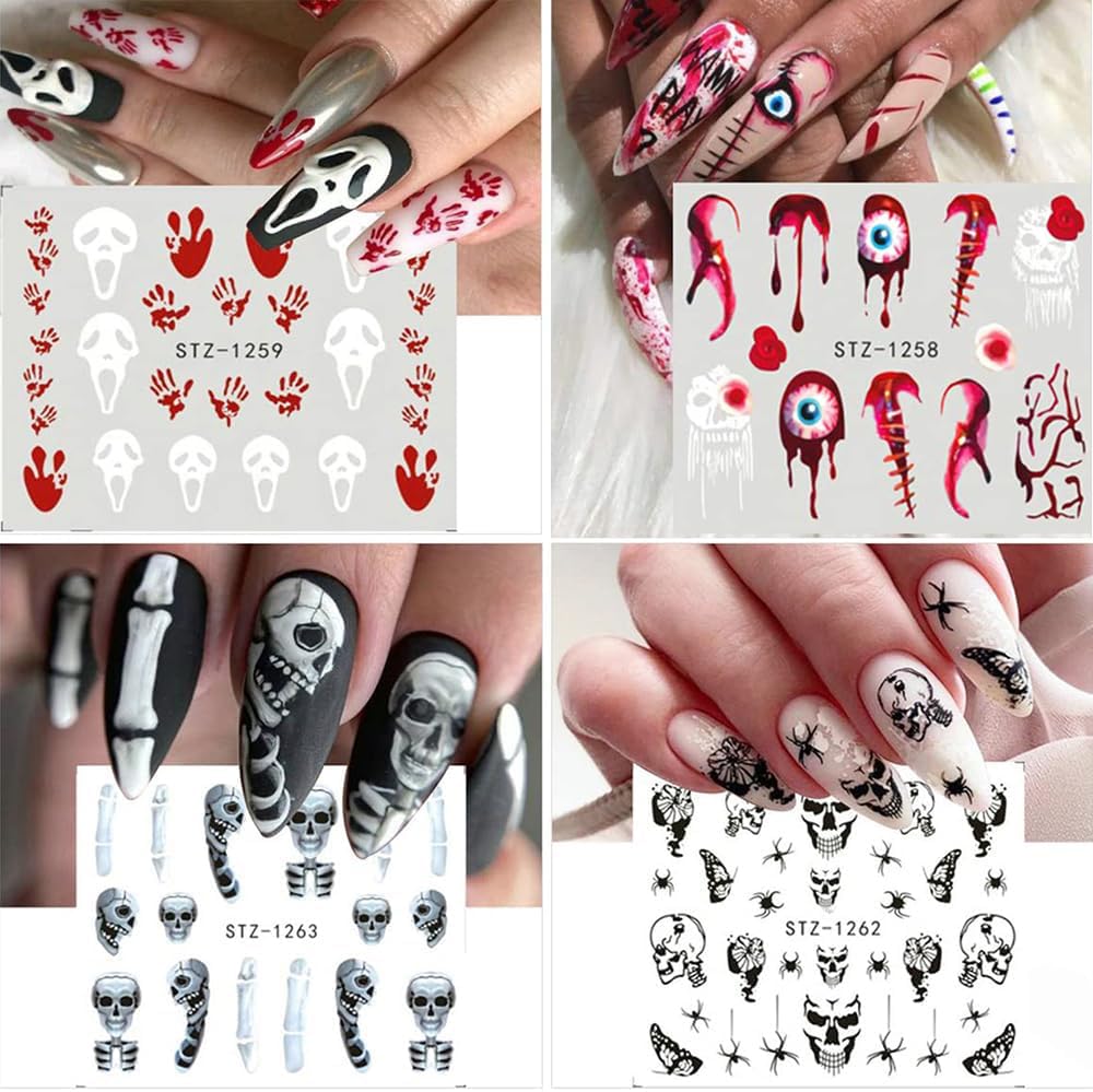 12 Sheets Halloween Nail Art Sticker Decals Horror Water Transfer Nails Foils Pumpkin Ghost Skull Spider Blood Evil Eye Halloween Design Nail Art Decoration Nail Slider Decal for Women DIY Nail Supply