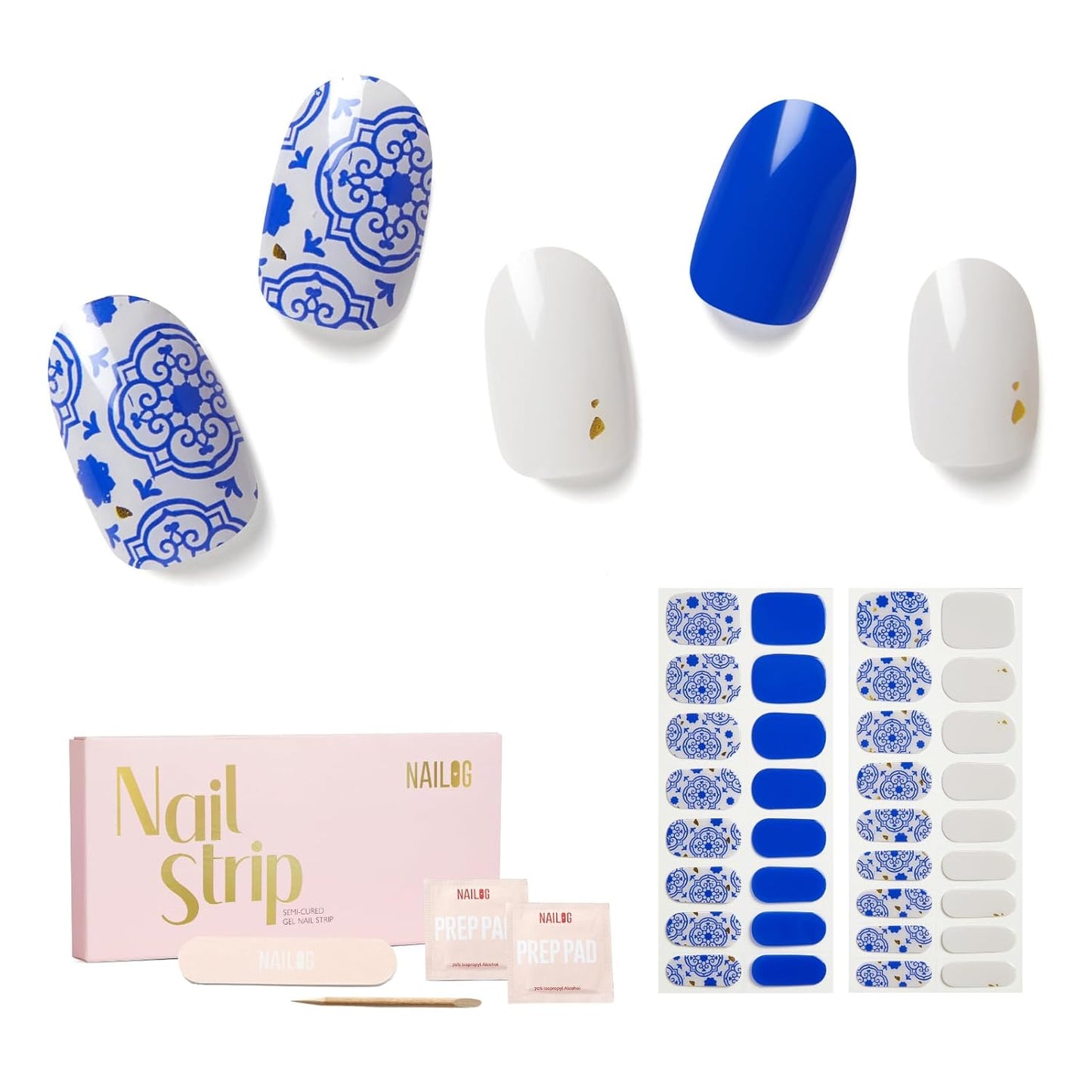NAILOG Semi Cured Gel Strips - 34 Pcs Nail Stickers Buy 2 Get 1 UV Light | Long Lasting Wraps With Glossy Gel Finish Blue, Cerulean Porcelain