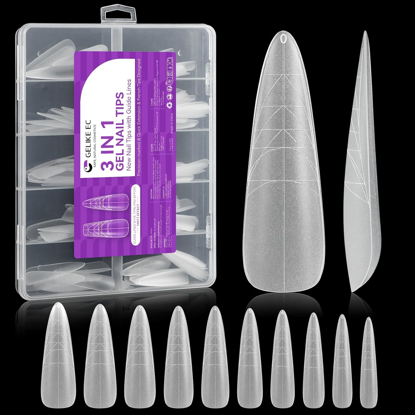 XXL Almond Gel Nail tips: 3 in 1 Gelike ec French Full Matte Guiding Line Nail Tips, Extra Long Gel Nails with Auxiliary Positioning Line, Nail Extension Tips for Beginners 84 Pcs 10 Sizes
