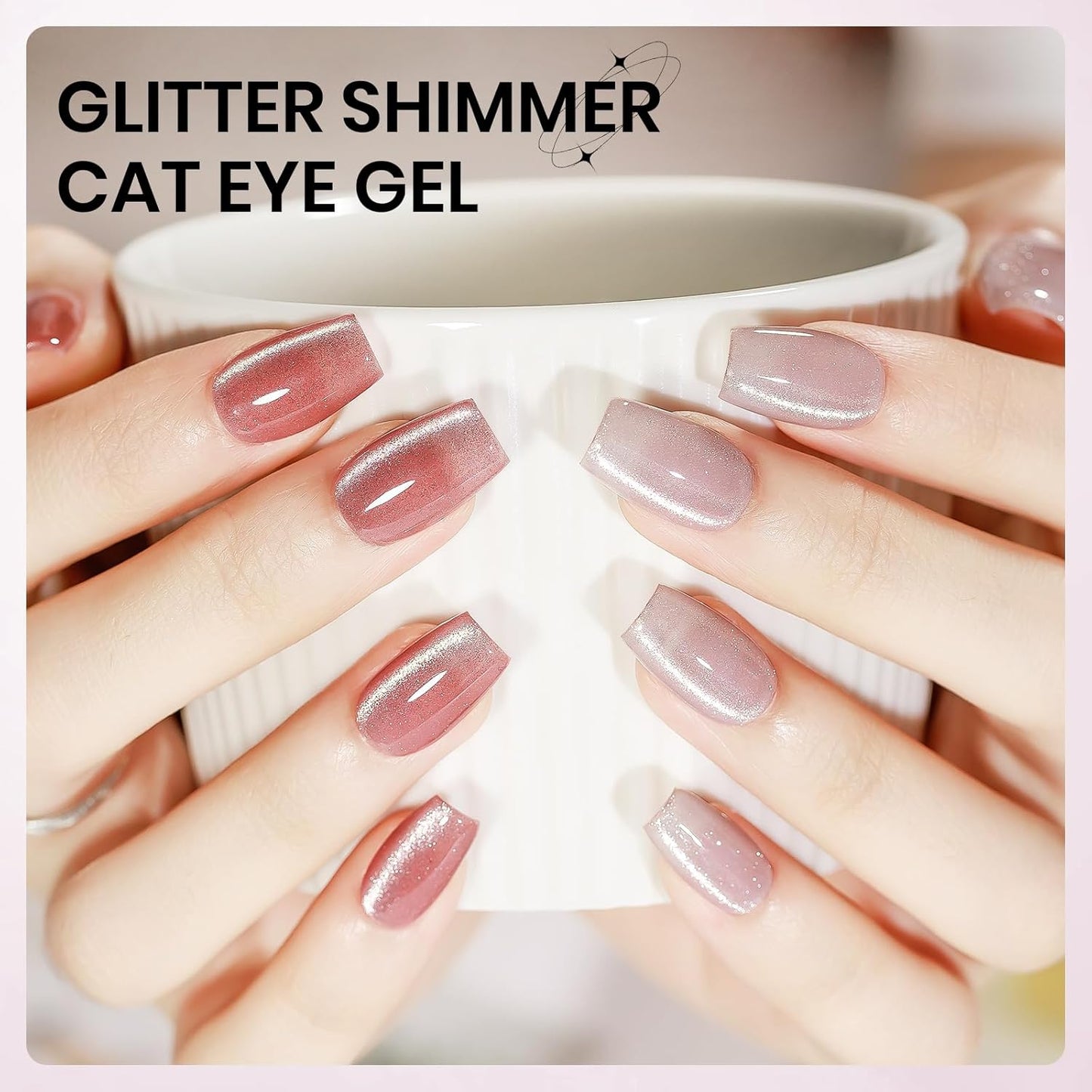 2PCS 15ML CatEye Gel Nail Polish, Nude Pink Cat eye Gel Polish Crystal Glitter Shimmer Effect with Magnetic Stick Soak Off Salon DIY at Home
