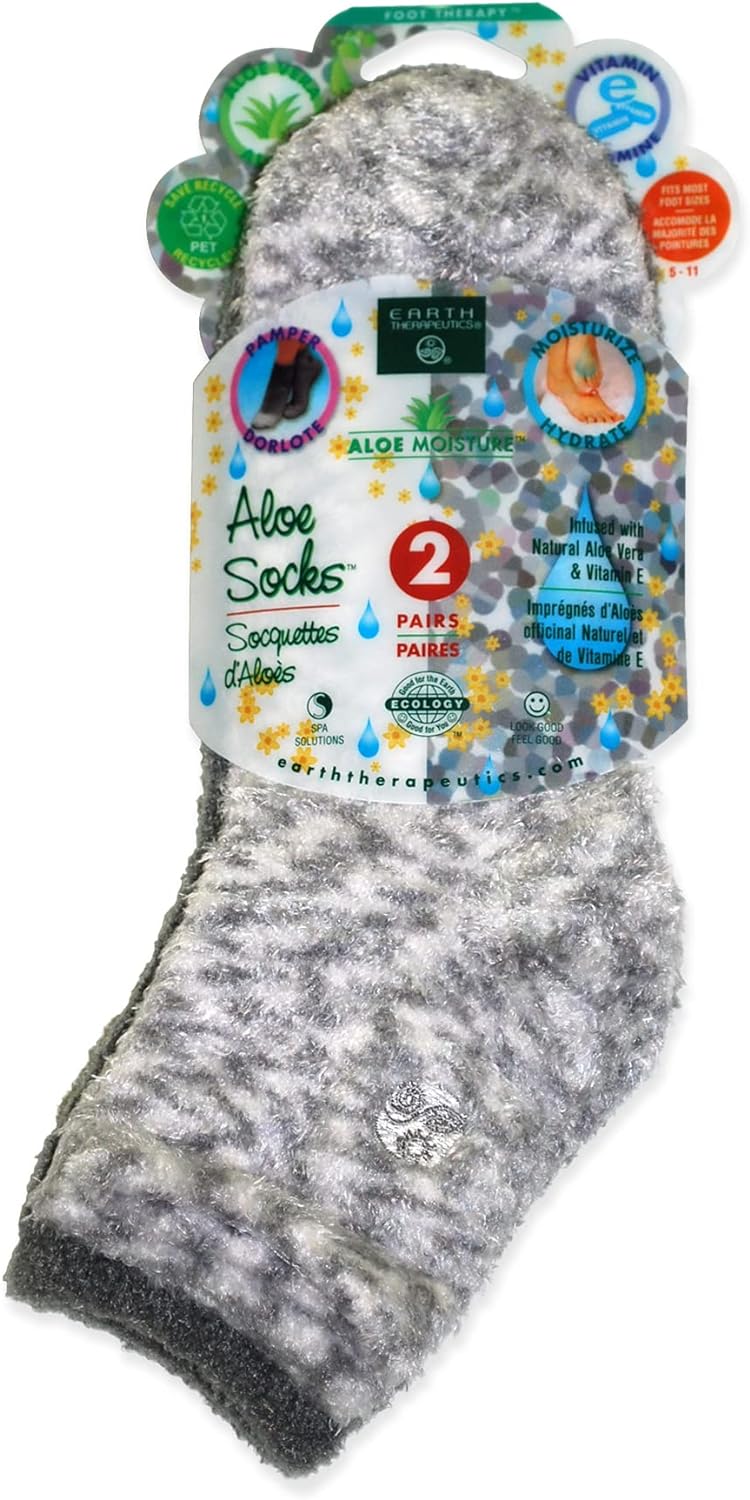Earth Therapeutics Aloe Socks – Infused w/Aloe Vera & Vitamin E – Helps Dry Feet, Cracked Heels, Calluses – Use with Lotion – Grey/Confetti (2 Pairs)