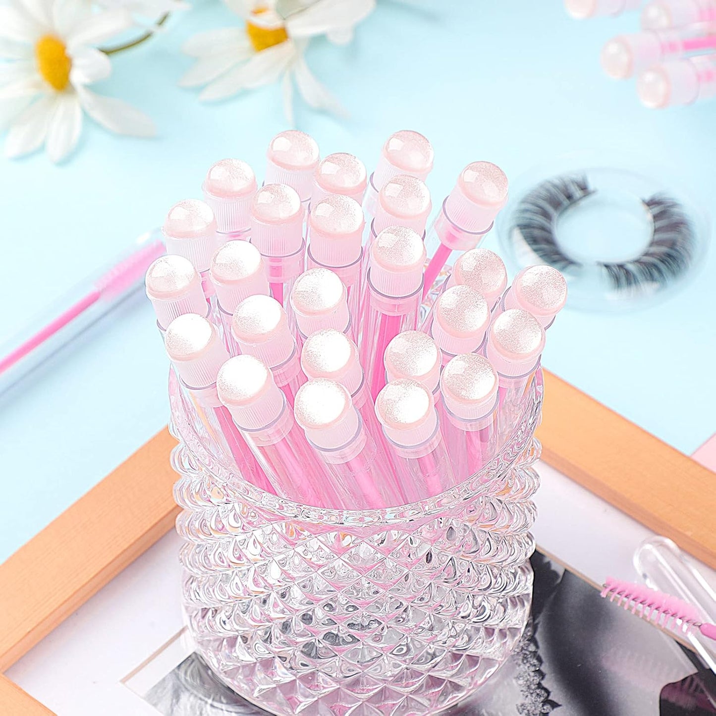 50pcs Eyelash brush Lash Wand Makeup tool Eyelash Extension supplies Cleaning brush Diamond Mascara sky pink