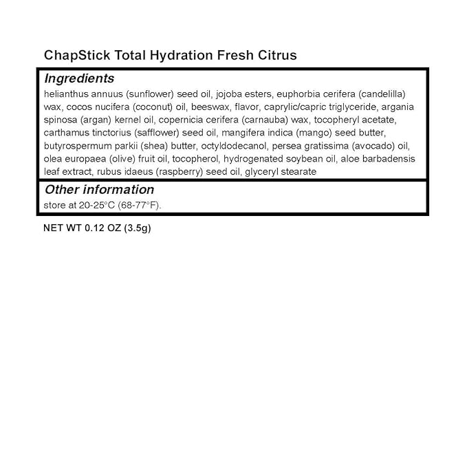 ChapStick Total Hydration (Fresh Citrus Flavor, 0.12 Ounce) Flavored Lip Balm Tube, Natural Age Defying Lip Care, Clinically Proven