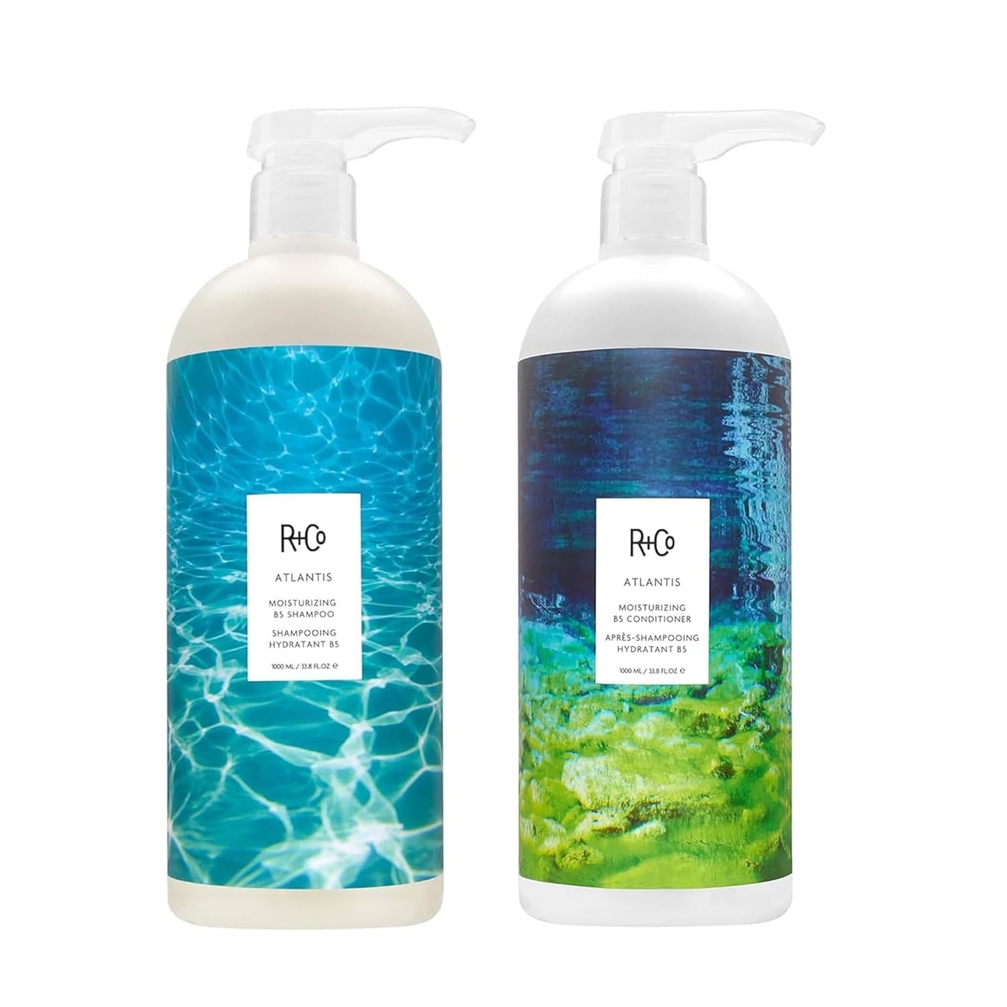 R+Co Atlantis Moisturizing B5 Hair Shampoo and Conditioner Set (1 Liter) + R+Co High Dive Travel Size (.5 Oz) | Body + Shine + Smoothing for All Hair Types | Vegan + Cruelty-Free |