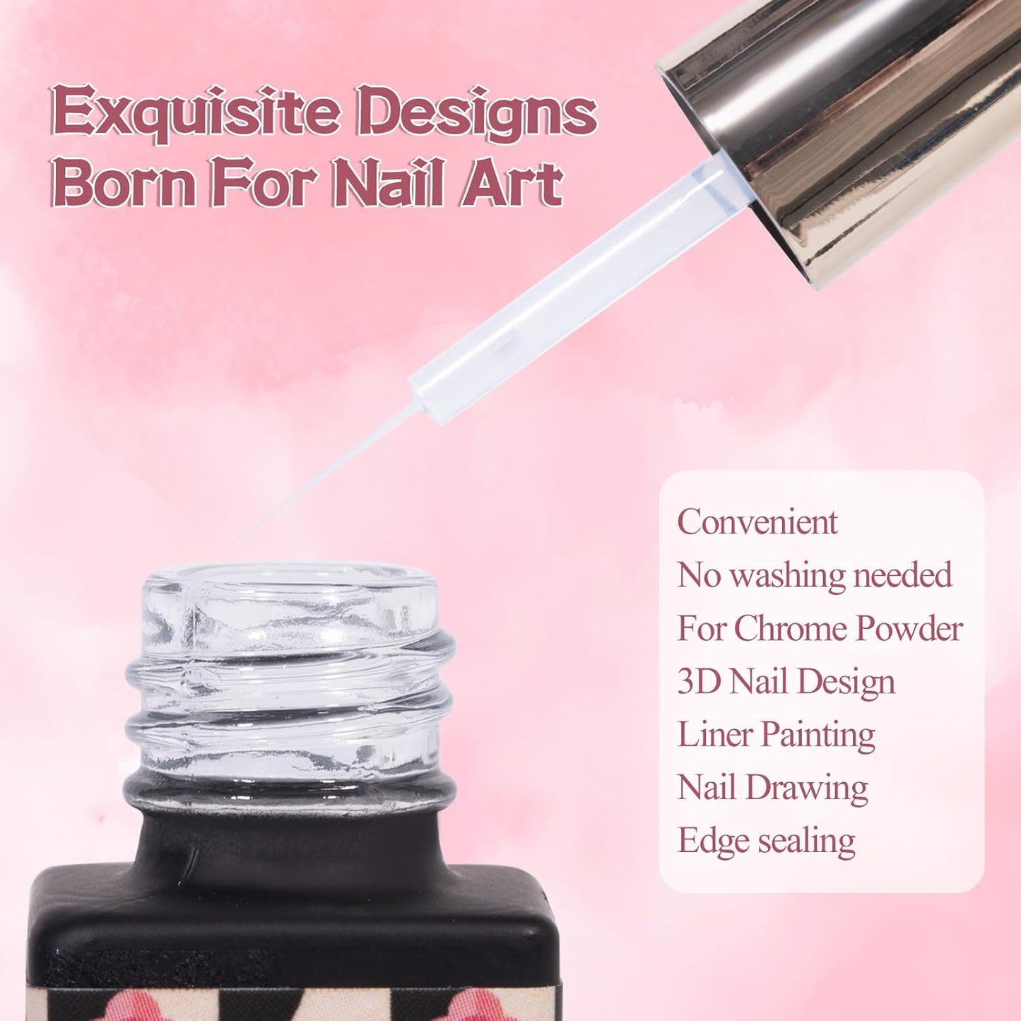 ADHERE Top Coat Gel Nail Polish Liner, No Wipe Edge Sealing Top Coat with Built in Precision Liner Nail Art Brush,Clear UV Gel Polish, Long-lasting for Chrome Nail Powder and Nail Art Design