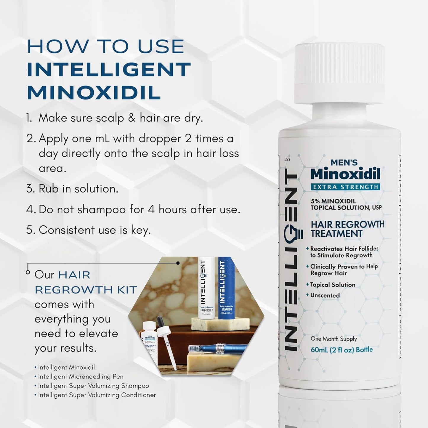 Intelligent Minoxidil | Fast-Drying, No-Grease | Extra Strength 5% Topical Hair Regrowth Treatment For Men | 2 fl oz (60 ml)