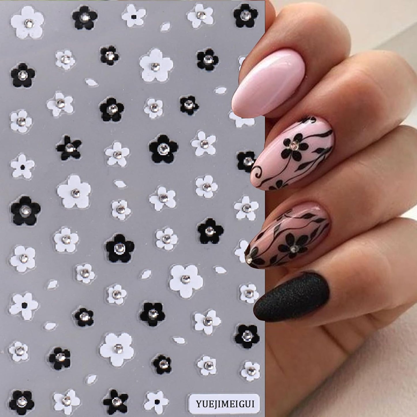 3 Sheets French Diamond Nail Stickers Flower French Manicure 3D Self-Adhesive Sparkling Crystal Black and White French Daisy Butterfly Design DIY Decal Nail Stickers for Nail Art Decoration