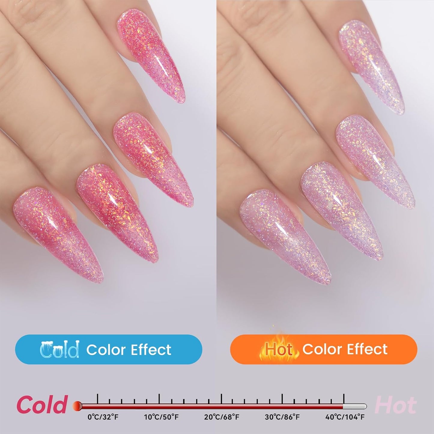YTD Likomey Color Changing Gel Nail Polish,Brocade Glitter 15ml Light Pink To Peach Red Shimmer Glitter Mood Temperature Change Colors Iridescent Flakes Fall Winter Ombre Thermal UV Nail Gel,WB341