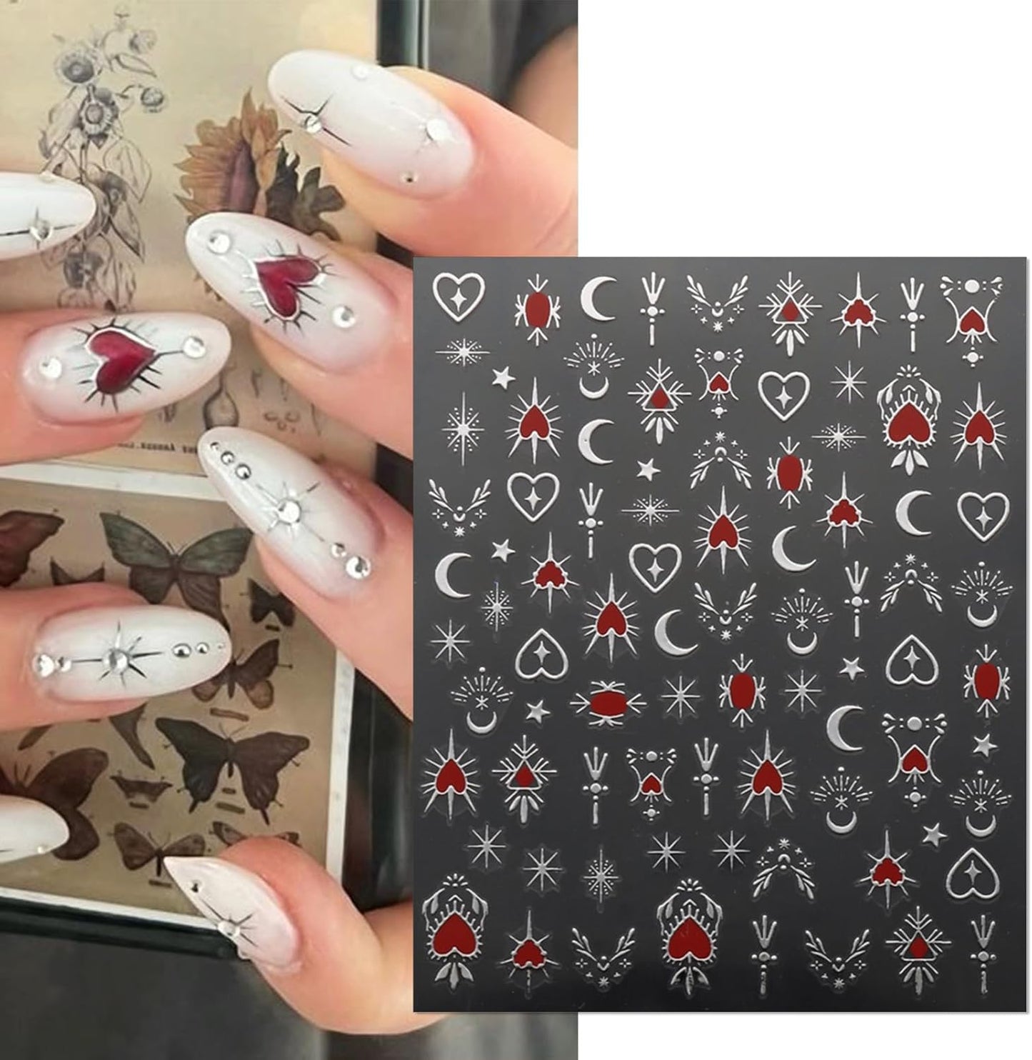 9 Sheets Gold Heart Nail Art Stickers - Valentines Day Self-Adhesive 3D Nail Decals for DIY Golden Silvery Manicure