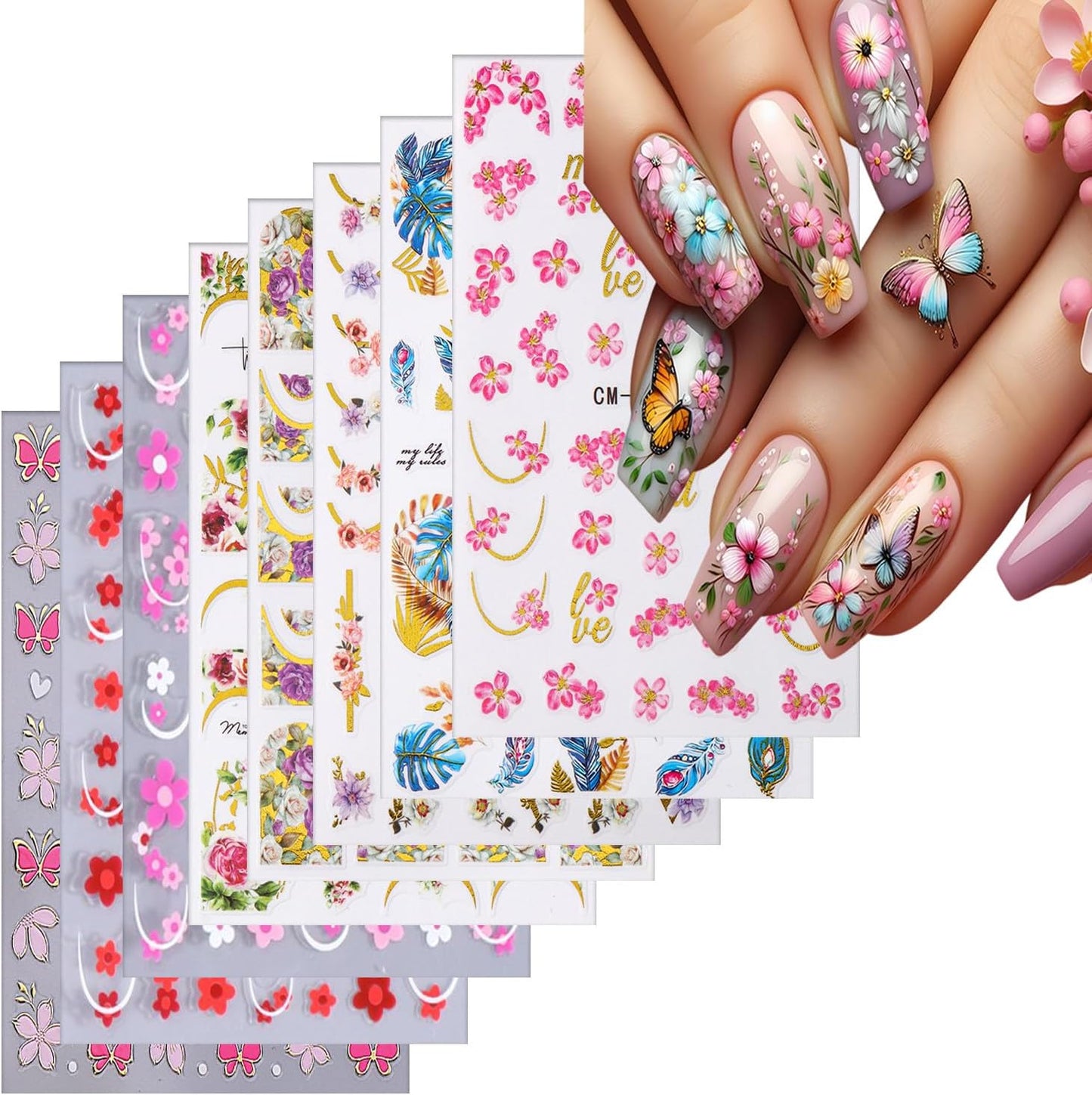 8 Sheets Flower Nail Art Sticker 3D Self-Adhesive Nails Stickers Floral Butterfly Nail Art Decals Holographic Blossom Decal for Women Hot Stamping French Manicure Stickers DIY Nail Supplies