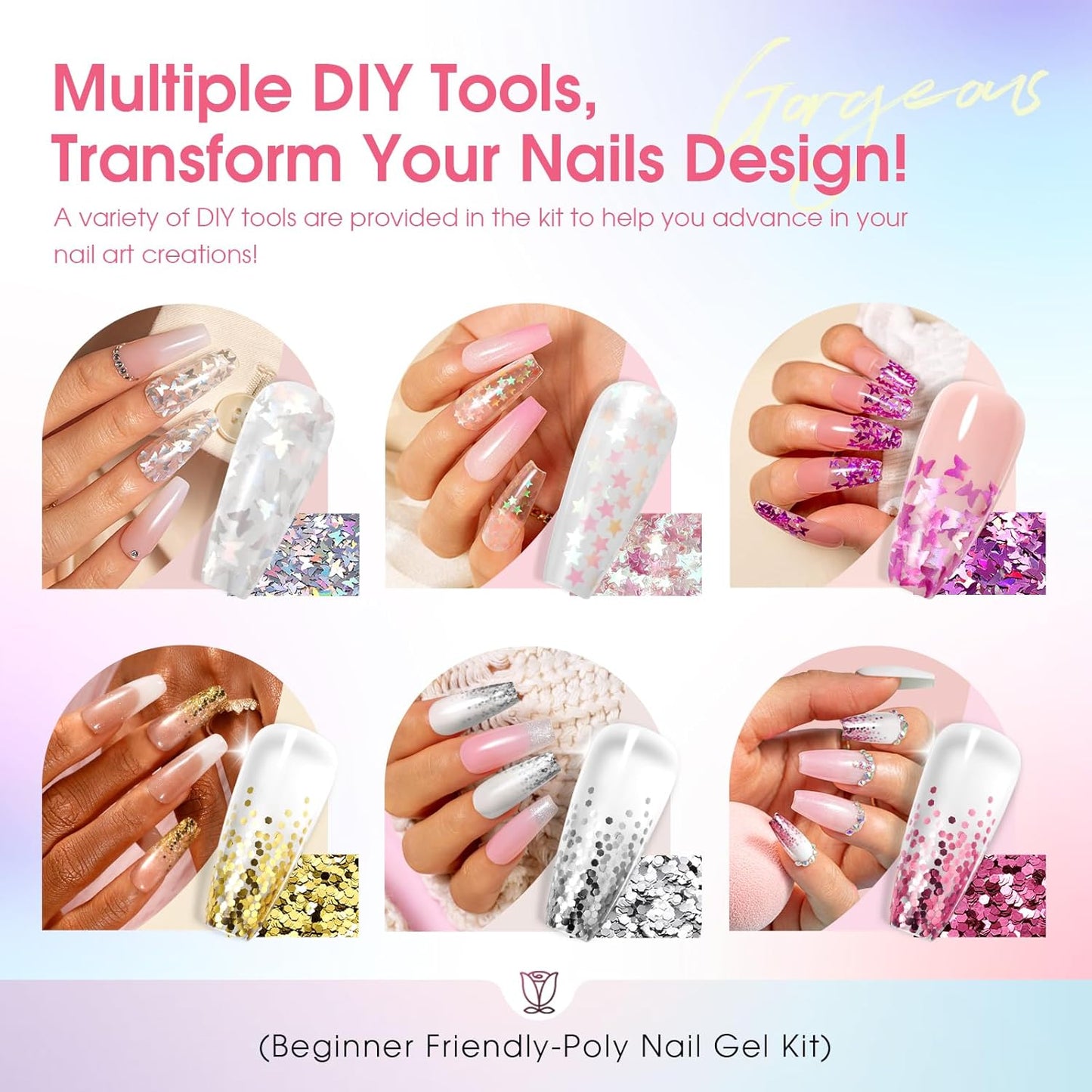 ROSALIND 20 Poly Nail Gel Kit with Mini Nail Lamp Glitter Collection with Tools Clear Poly Nail Gel Starter Kit with Nail Forms Base Coat Coat Basic Tools for Beginners with Everything