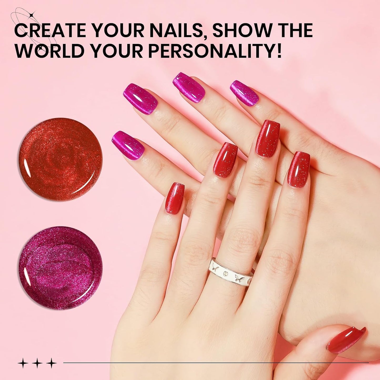 2PCS 15ML Cat Magnetic Eye Gel Nail Polish, Red Hot Pink Cateye Gel Nail Polish Holographic Glitter Shimmer Effect with Magnetic Stick Soak Off Salon DIY at Home