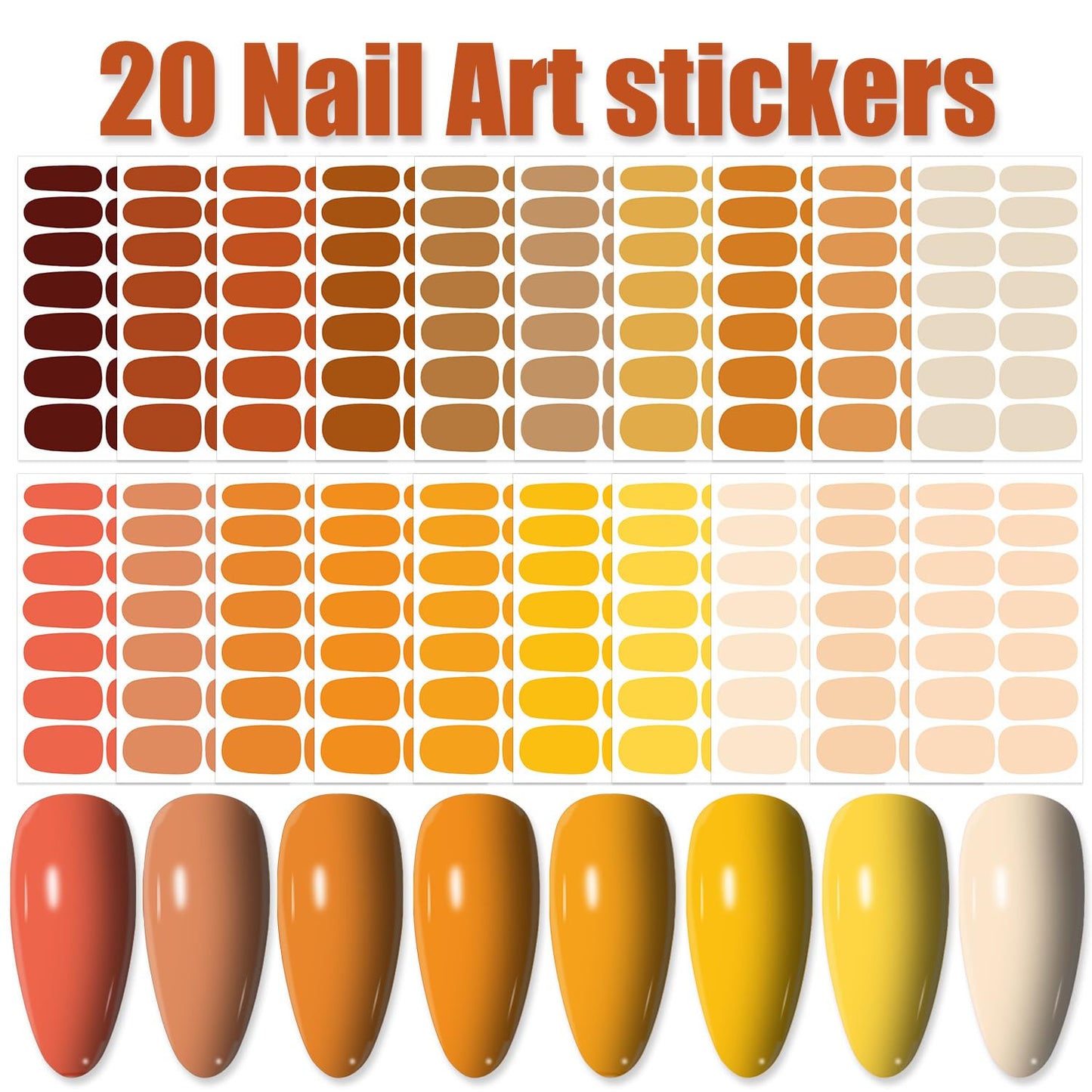 WOKOTO 20 Sheets Orange Nail Strips for Women Nails Multi-Color Orange Brown Nail Polish Strips Solid Nail Stickers Full Nail Wraps Nail Polish Stickers Gel Nail Strips for Nails Decorations