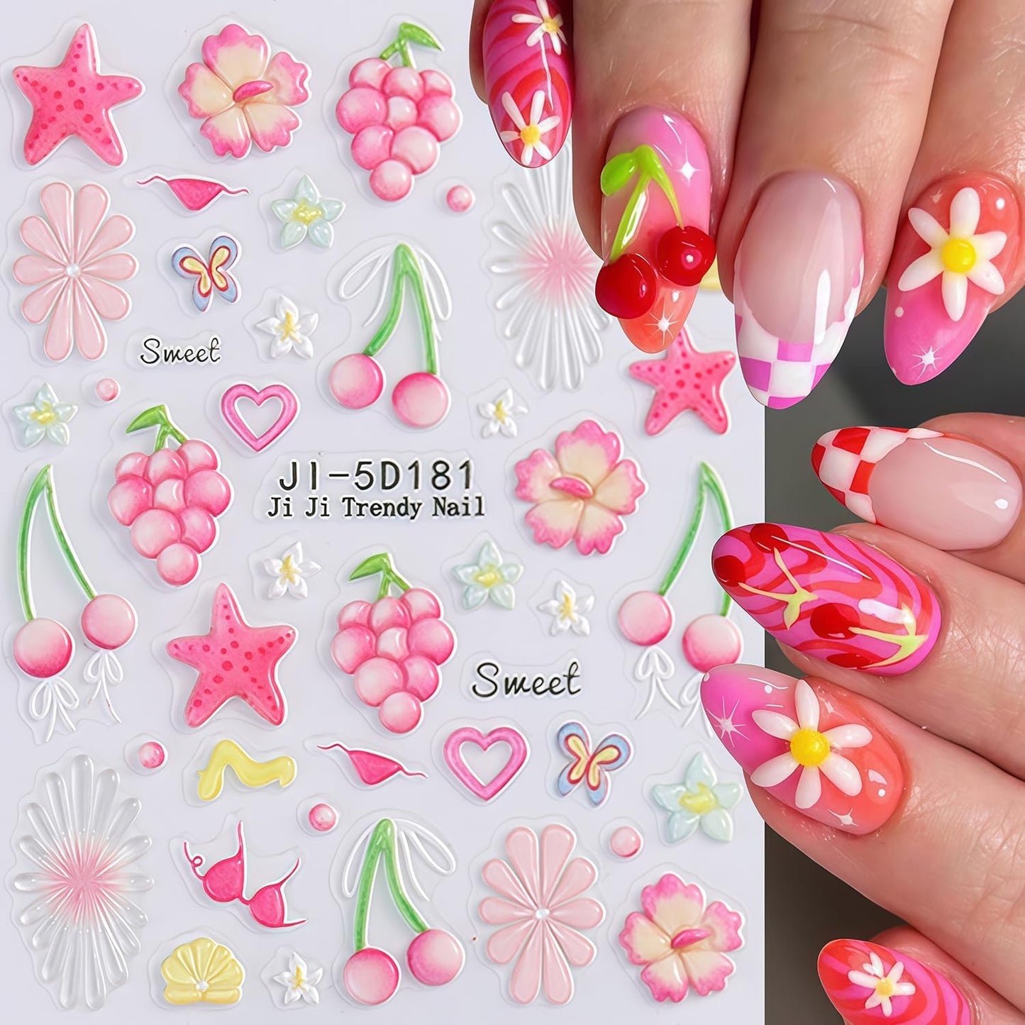 Summer Nail Stickers for Nail Art 5D Embossed Flower Butterfly Bow Heart Cherry Starfish Ocean Theme Style Design Stickers Beach Nail Decals Salon Manicure DIY Decoration Kit for Women Nails