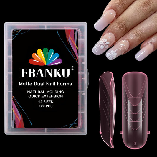 EBANKU Dual Nail Forms for Poly Extension Gel, 120 PCS Pink Nail Molds Reusable 12 Sizes Nail Extension Forms for Builder Gel Manicure Design Salon DIY