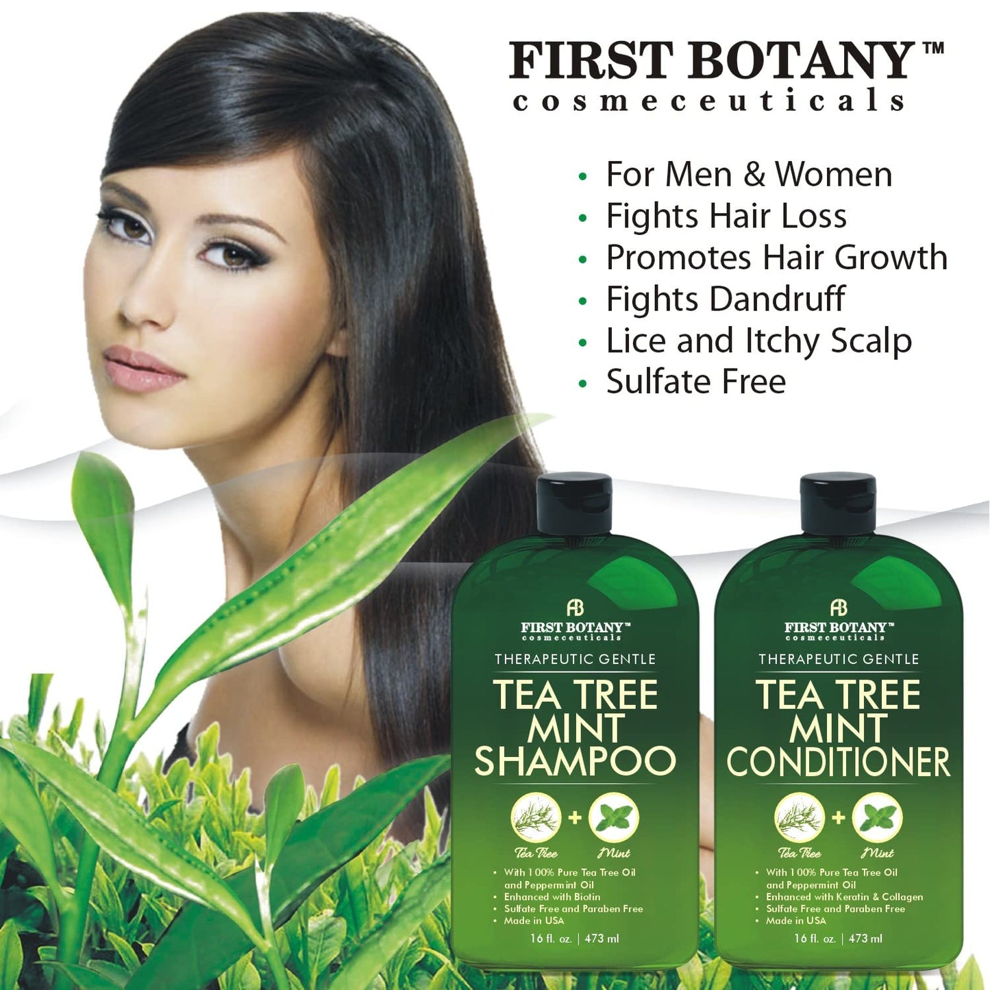 First Botany Tea Tree Mint Shampoo & Conditioner for Men & Women - Pure Tea Tree & Peppermint Oil - Fights Hair Loss, Dandruff, Lice & Itchy Scalp, Promotes Hair Growth - Sulfate Free - 16 Fl Oz x 2