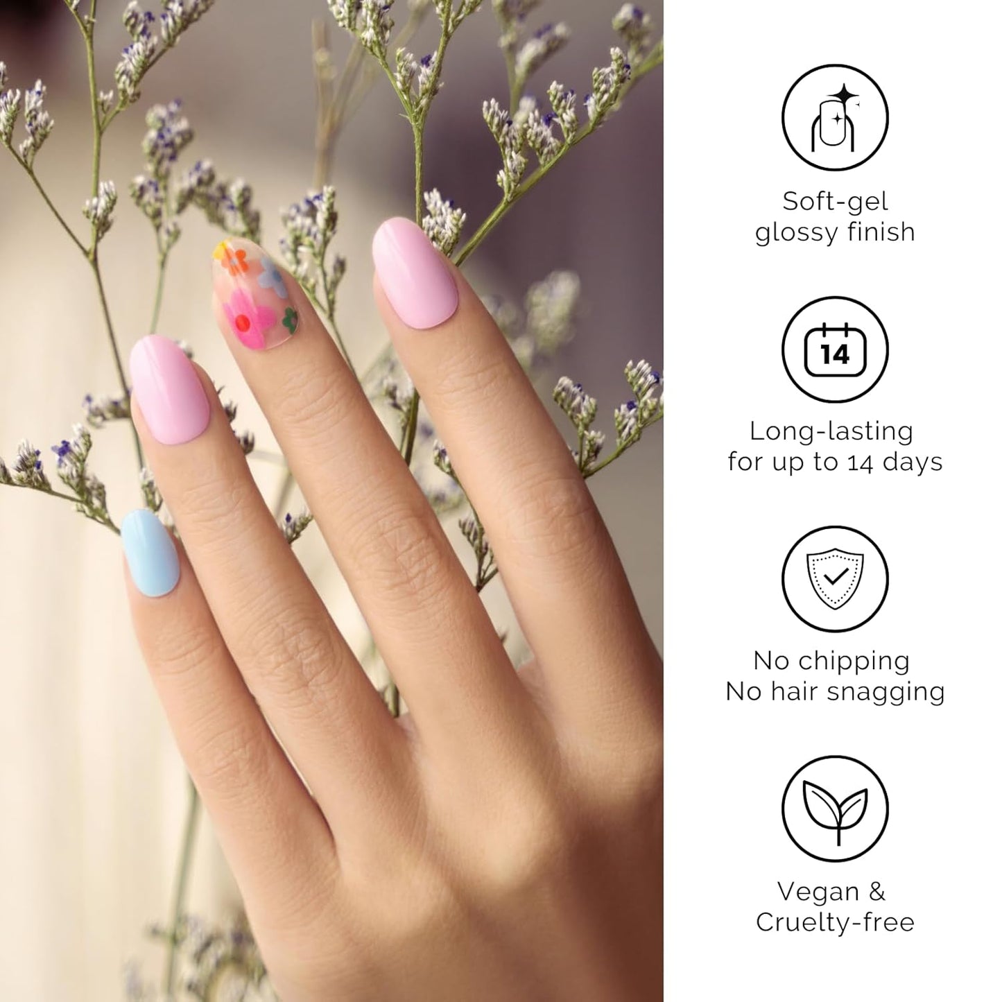 Semi Cured Gel Nail Strips - NAILOG 34 Pcs Floral Gel Nail Stickers Clear Extra Long Nail Wraps with Glossy Gel Finishing for Spring Summer, Petal Dance