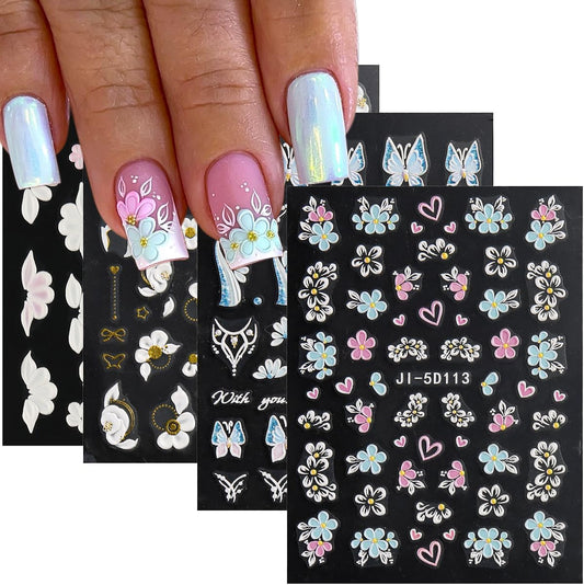 Acrylic Flowers for Nails 4 Sheets 5D Embossed Floral Nail Decals Colorful Flowers Nail Stickers, Gold Strip Lines Swirls French Tip Nail Stickers, Daisy Butterfly Stickers Pegatinas Uñas