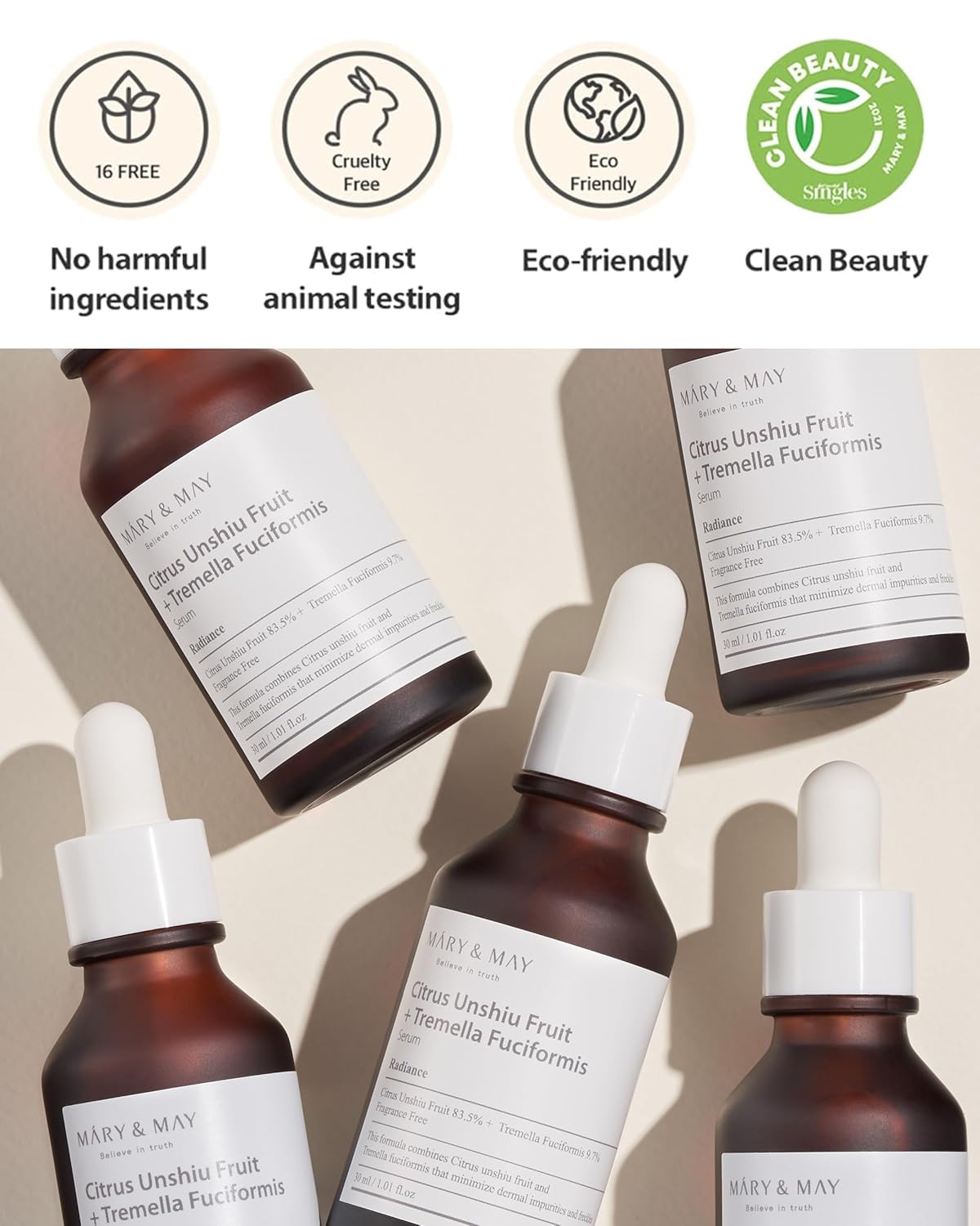 Mary&May Citrus Unshiu Fruit + Tremella Fuciformis Serum 1.01 Fl Oz / 30ml | VItamin Serum, Improves Skin Tone and Blemish, Recovering Glowy and Transparent Skin, Fragrance Free | EWG Green