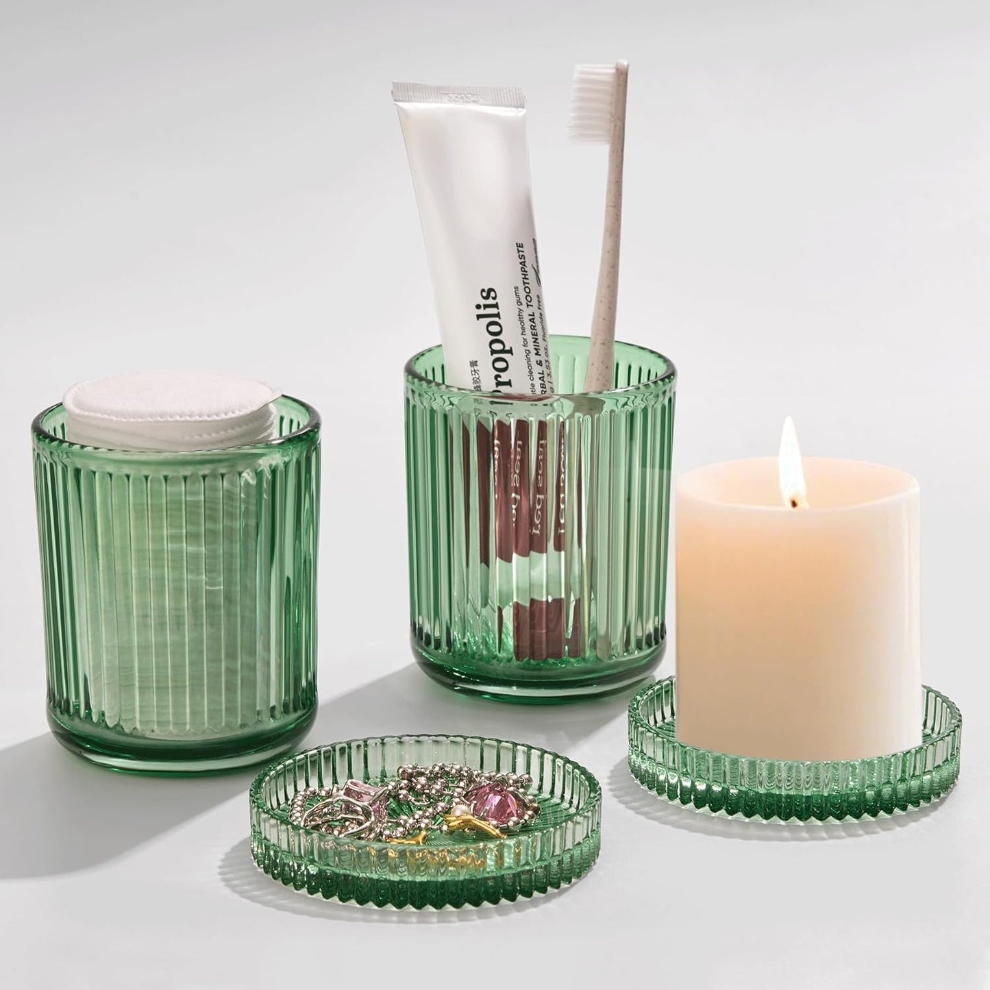 2 Pack Qtip Holders for Bathroom, Clear Glass Apothecary Jars with Lids,Vintage Bathroom Canisters for Cotton Balls,Swabs,Floss Picks,Hair Ties,Vanity Organizer and Storage Decor (Green)