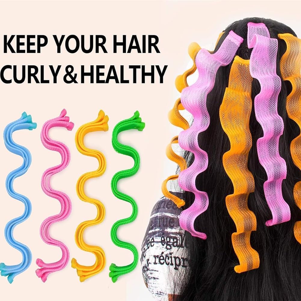 Heatless Hair Curling Set, Hair Curlers Spiral Curls No Heat Wave, Spiral Curls Styling Kit, Satin Heatless Curling Set Short Hairs, for All Hairs Lengths with Styling Hooks (color 4,11.8 in)