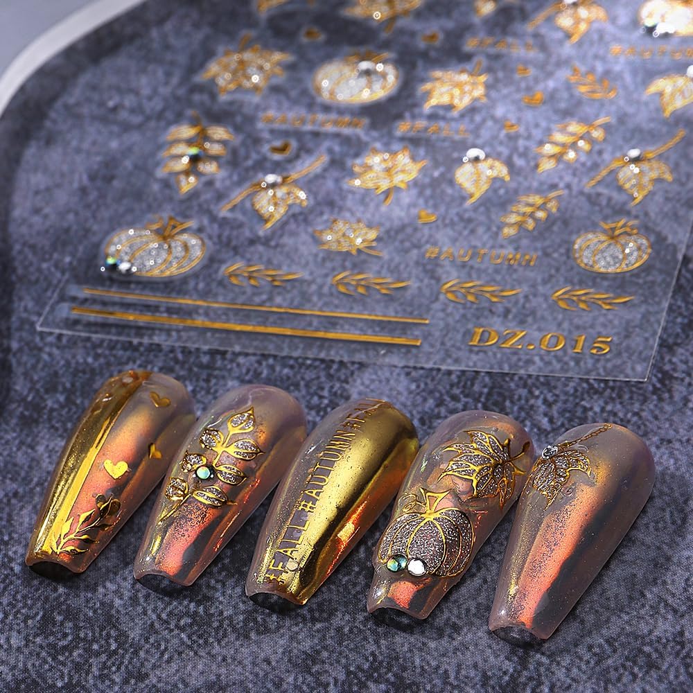 3 Sheets Fall Nail Stickers for Nail Art Cute Pumpkin Nail Decals Autumn Maple Leaf Nail Art Stickers 5D Self-Adhesive Glitter Thanksgiving Day Pumpkin Nail Decoration for Women Nails Design Supplies