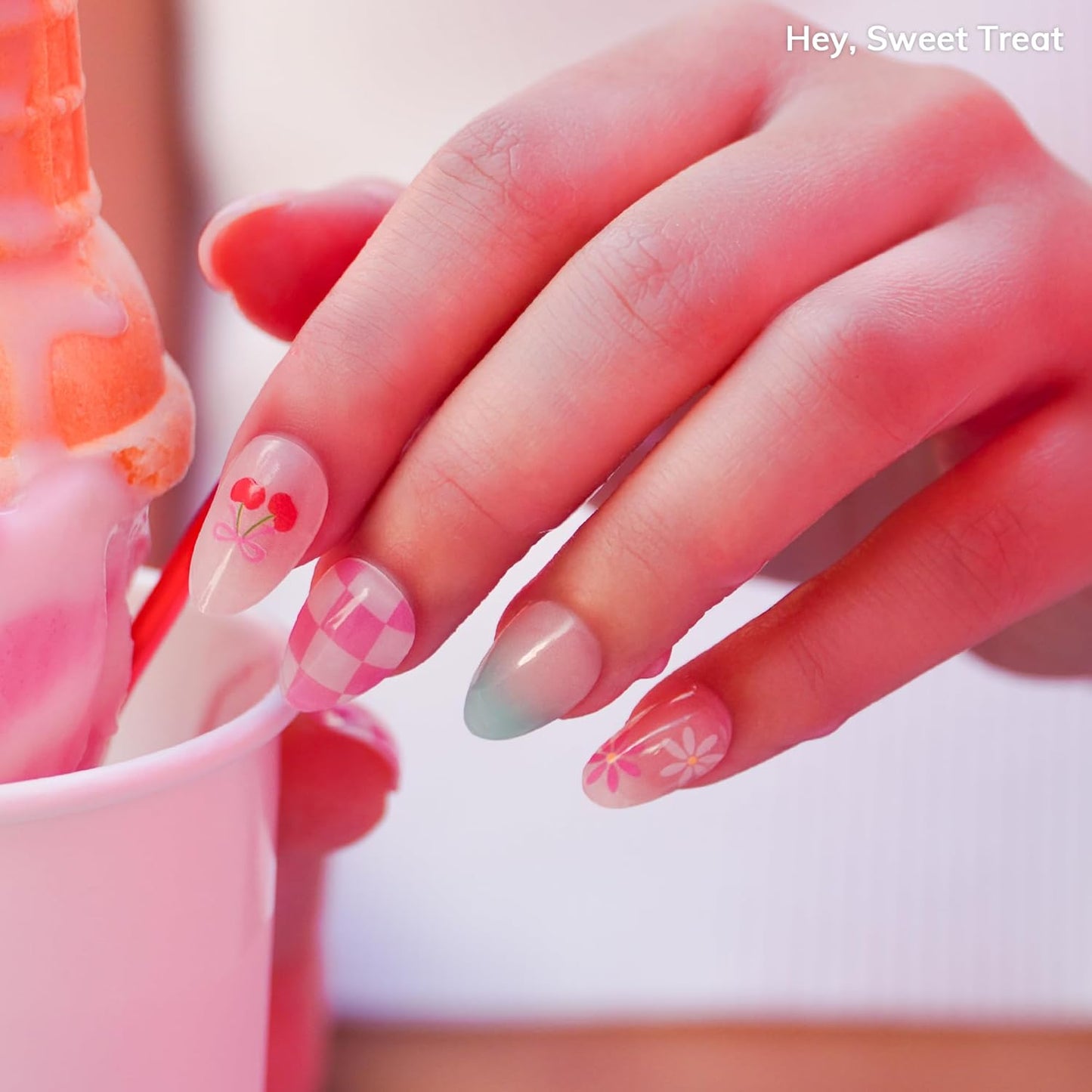 Semi Cured Gel Nail Strips | No LED Lamp Needed | Summer, Ombre, Cute | Easy Apply & Remove, Salon Quality | Includes 28 Strips, 1 Prep Pads, Nail File & Wooden Stick - Hey, Sweet Treat