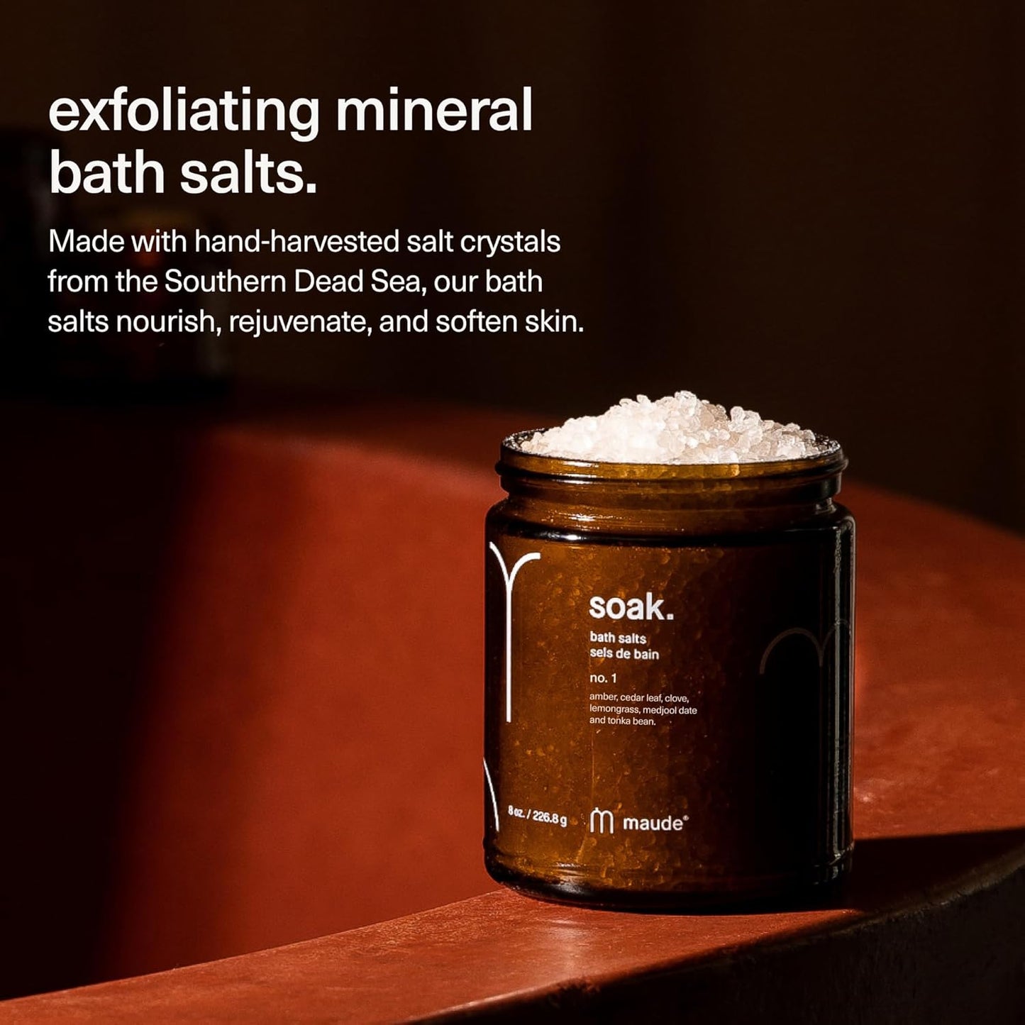 Maude Soak No. 1 - Nourishing Mineral Bath Salts - Hand-Harvested Dead Sea Salt with Magnesium & Potassium Chloride - Soften & Rejuvenate Skin - Notes of Amber, Cedar Leaf & Clove (8 oz)