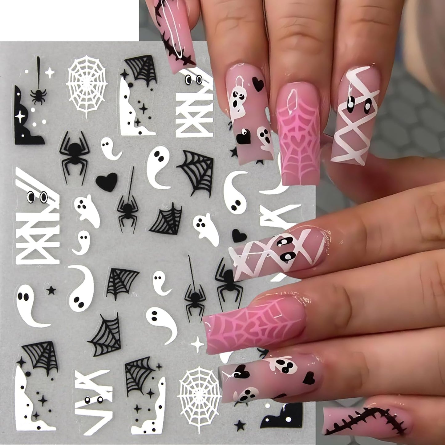 8 Sheets Spider Nail Art Stickers Halloween Ghost Nail Decals 3D Self-Adhesive Black White Heart Spider Web and Rhinestones Spiders Nail Design Acrylic Nails Decoration for Women Holiday Nail Charm