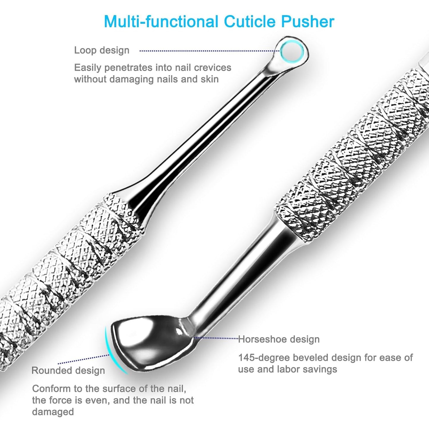 Cuticle Pusher Tool, 2PCS Professional Nail Cuticle Remover Trimmer Cutter Fork Kit, Premium Stainless Steel Durable Manicure Kit for Women, Fingernails and Toenails