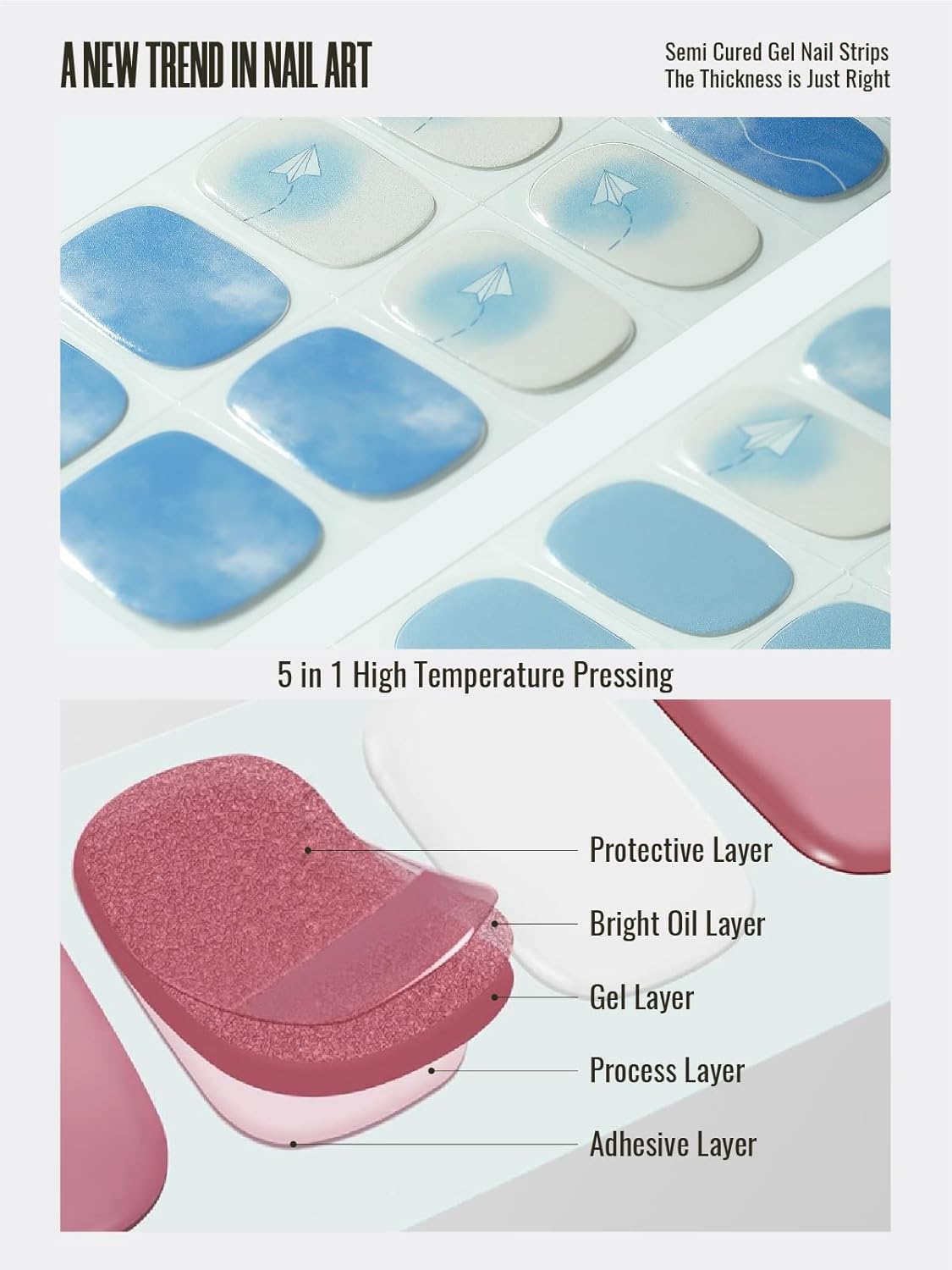 Semi Cured Gel Nail Strips, 30 pcs Gel Stikers, Wraps, Salon-Quality, Easy to Apply, 2 Weeks Long Lasting (Fly to The Sky)