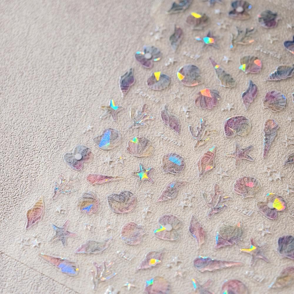 Laser Ocean Nail Stickers Gold Conch Nail Designs Self-Adhesive Silver Shell Nail Decals 5D Embossed Aurora Starfish Summer Sticker Manicure Accessories for Women Girls DIY Acrylic Nails 2 Sheets