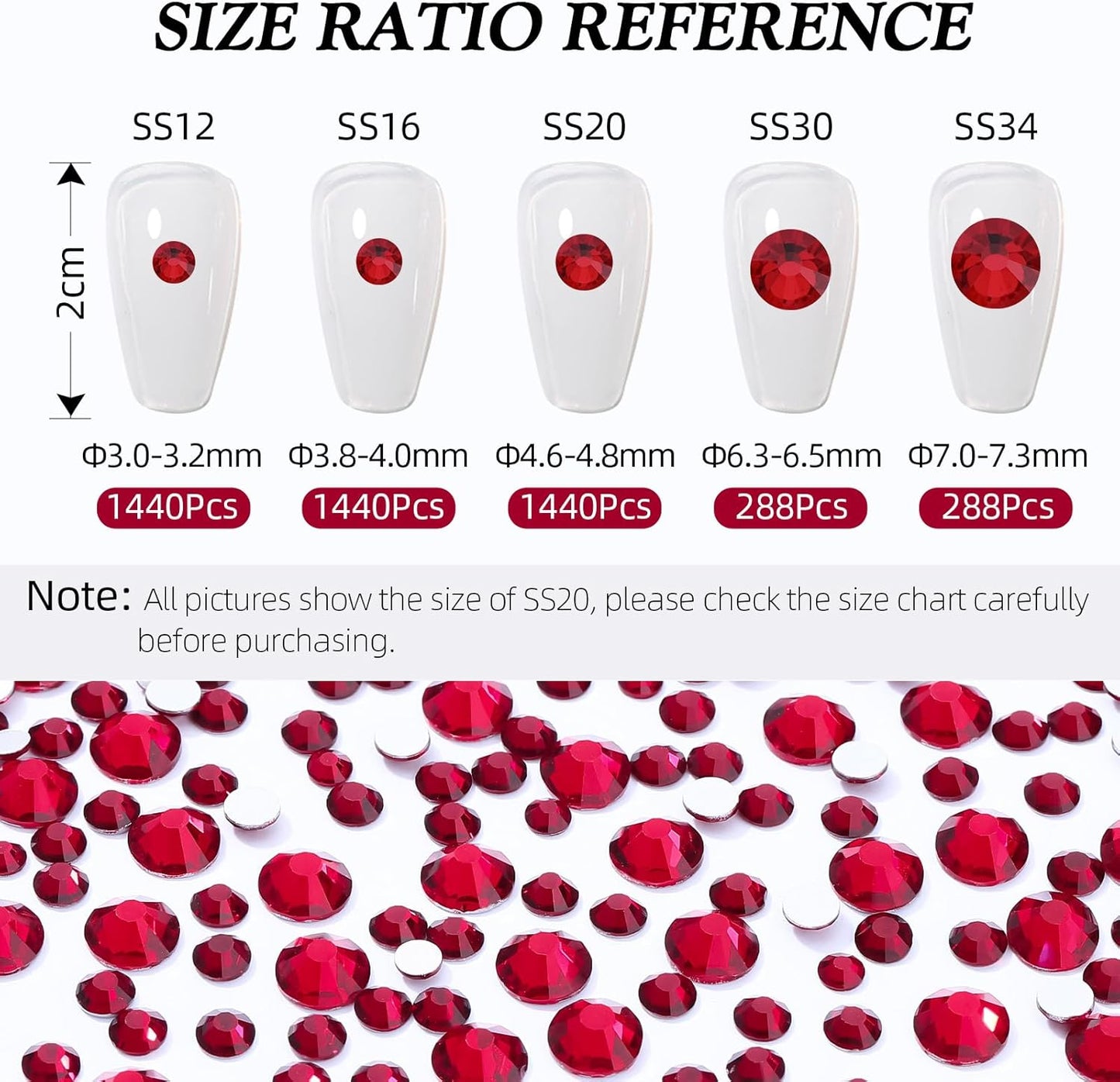 Siam Flatback Rhinestones, Glass Rhinestones for Nail Art and Craft, Glue Fix, Loose Crystal Gemstones(Siam, SS12, 1440pcs, 2.9-3.0mm)