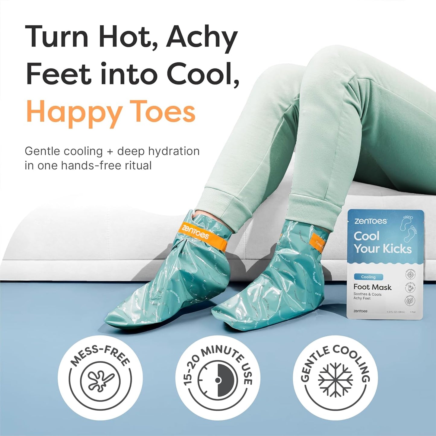 ZenToes Cooling Foot Mask - Hydrating Peppermint & Shea Butter Sheet Masks with Menthol for Soothing Tired, Achy, Dry Feet - Spa Treatment at Home, Paraben & Sulfate Free, 3 Pairs